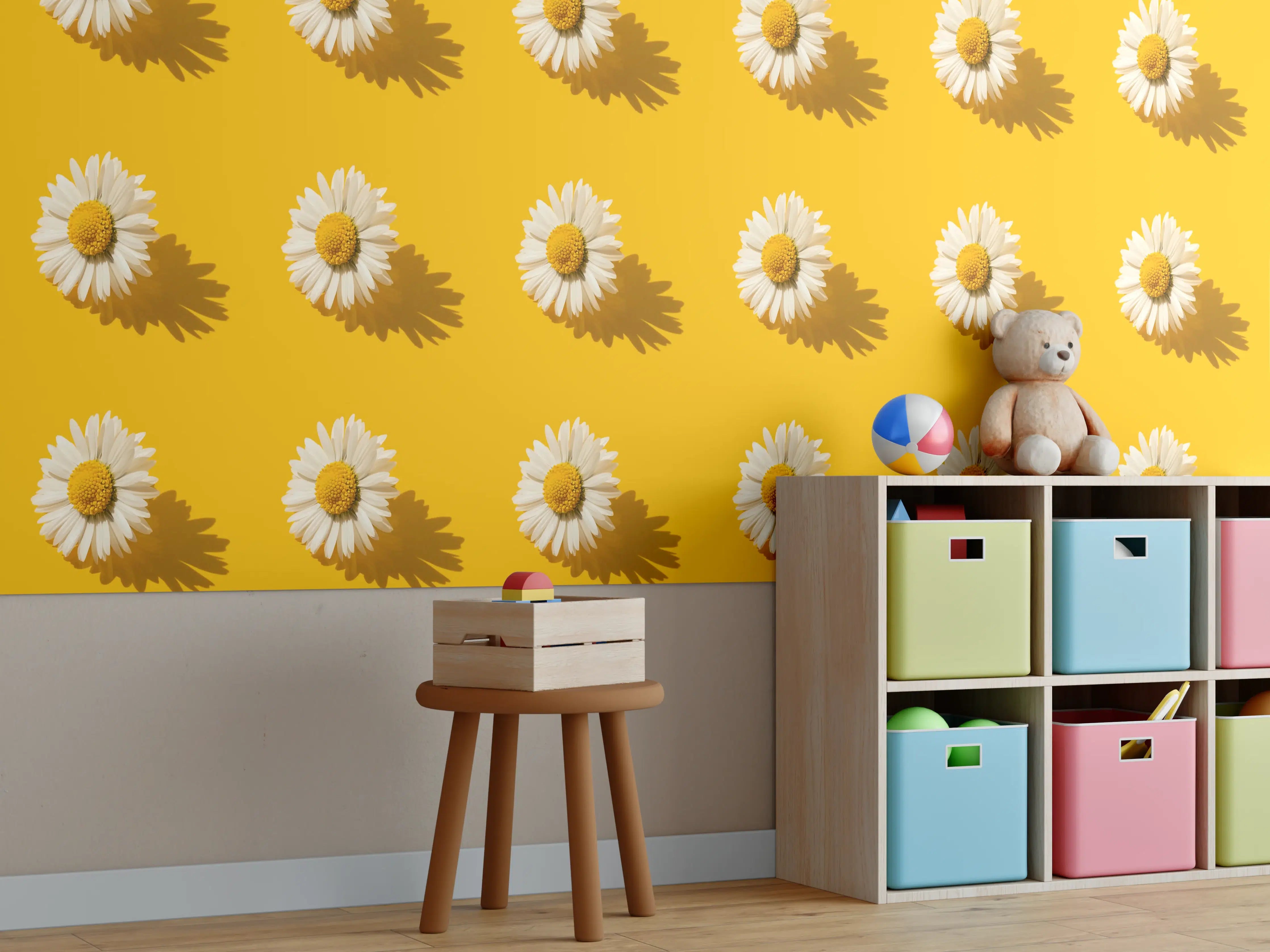 Kinderzimmer Wandgestaltung - Gänseblümchen Muster auf gelbem Hintergrund