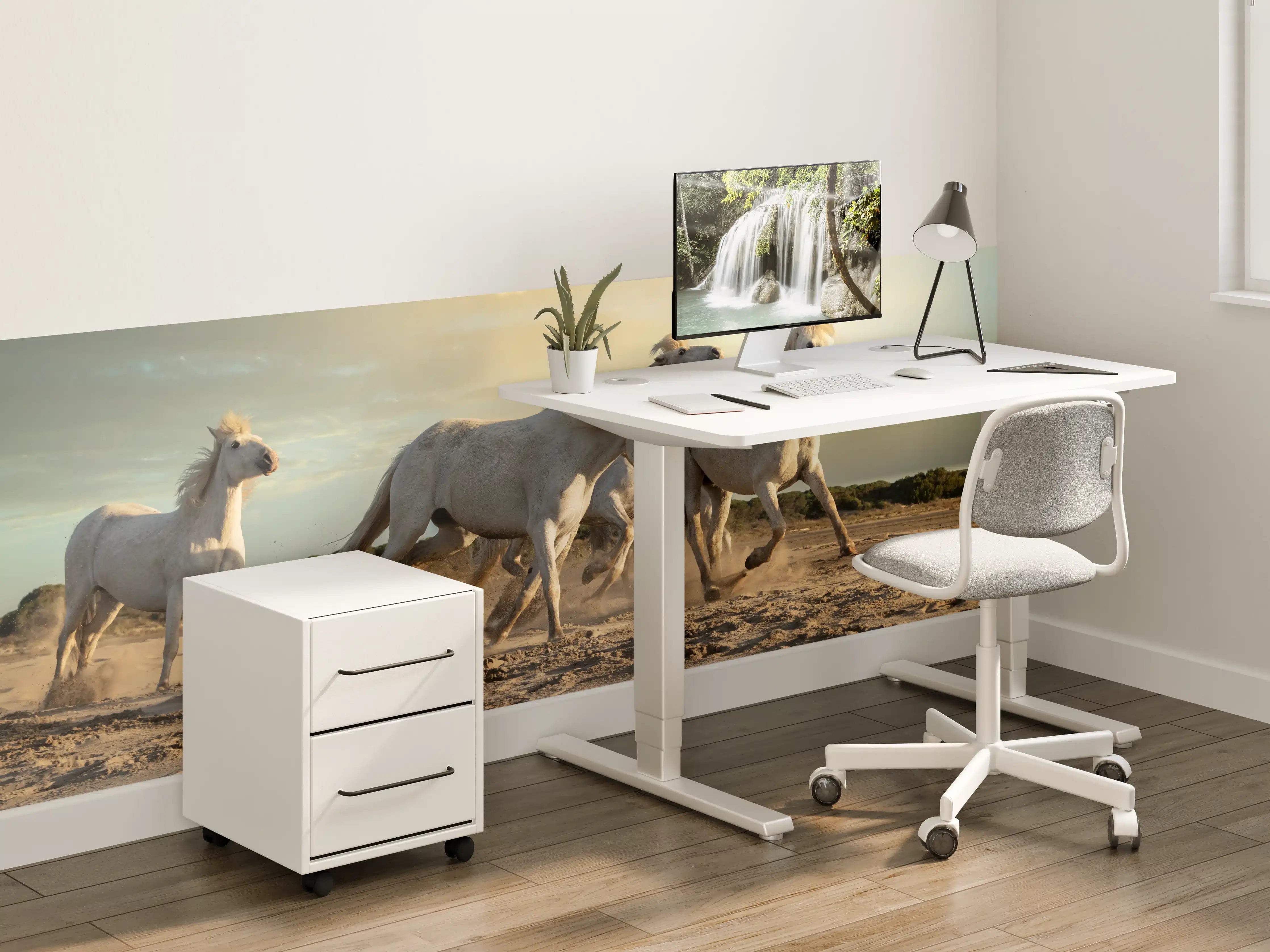 Kinderzimmer Wandgestaltung - Galoppierende weiße Pferde bei Sonnenuntergang