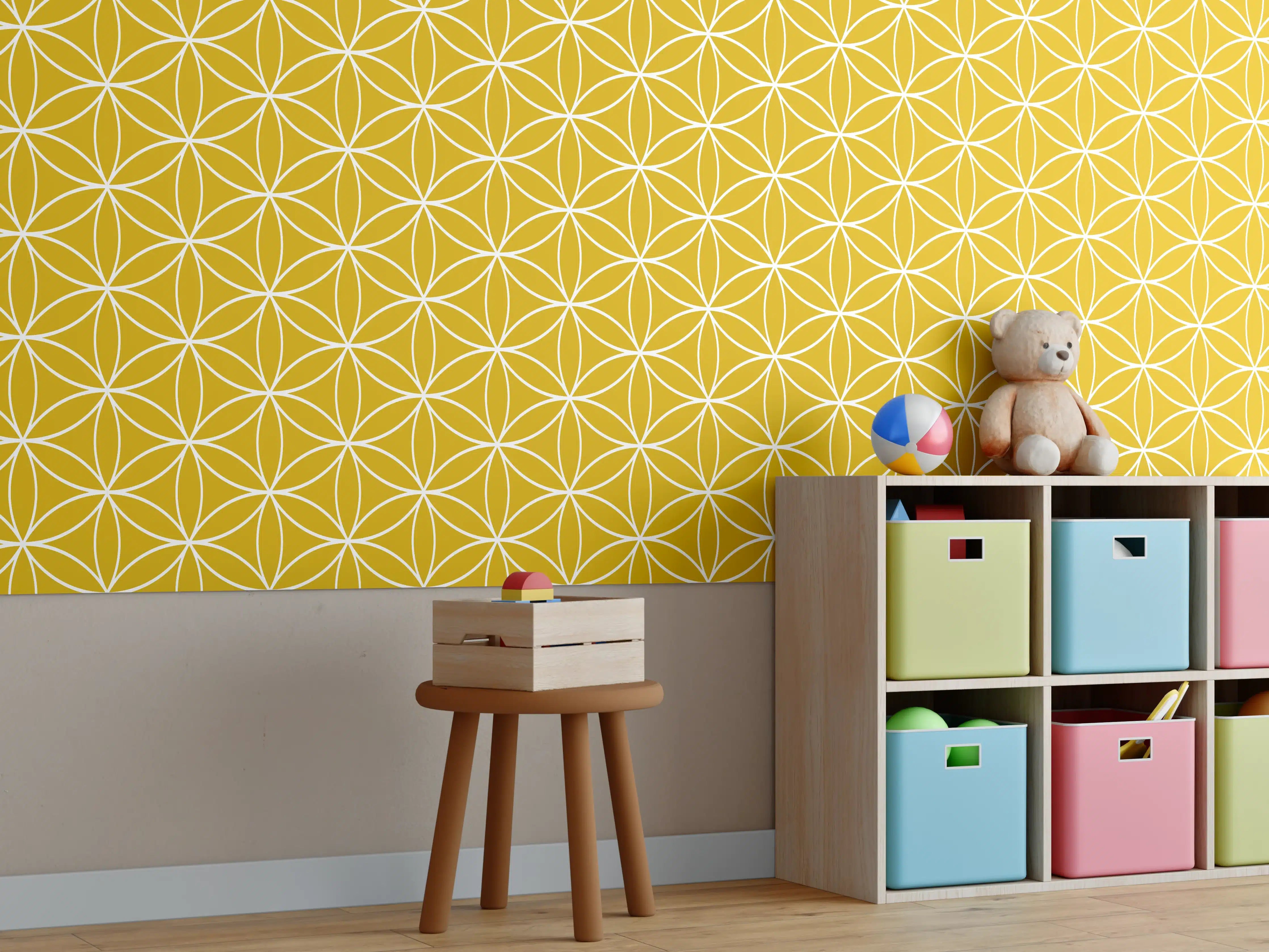 Kinderzimmer Wandgestaltung - Gelbe geometrische Fliesen mit feinen Graunuancen
