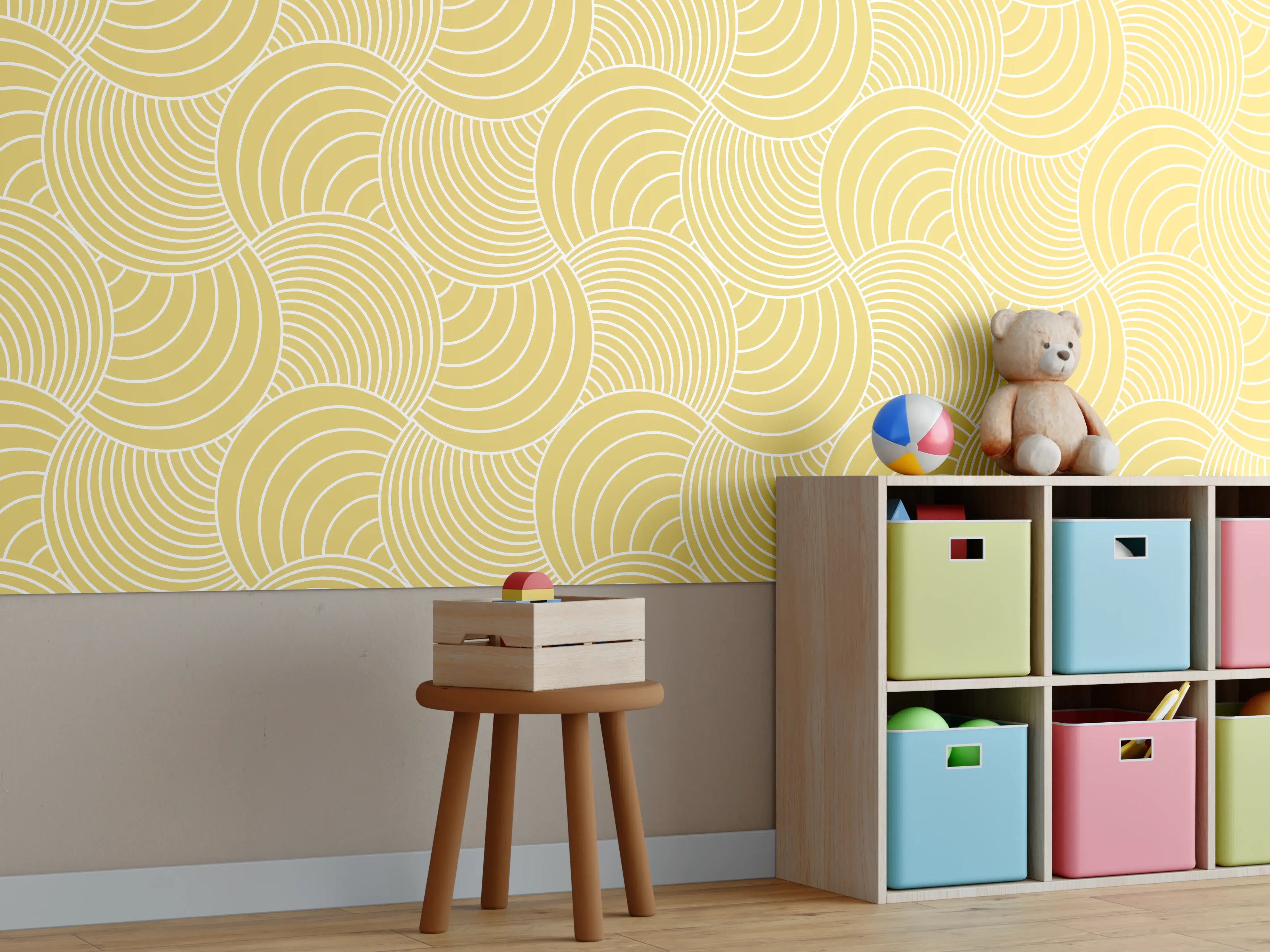 Kinderzimmer Wandgestaltung - Gelbes Wellenmuster mit Goldakzenten