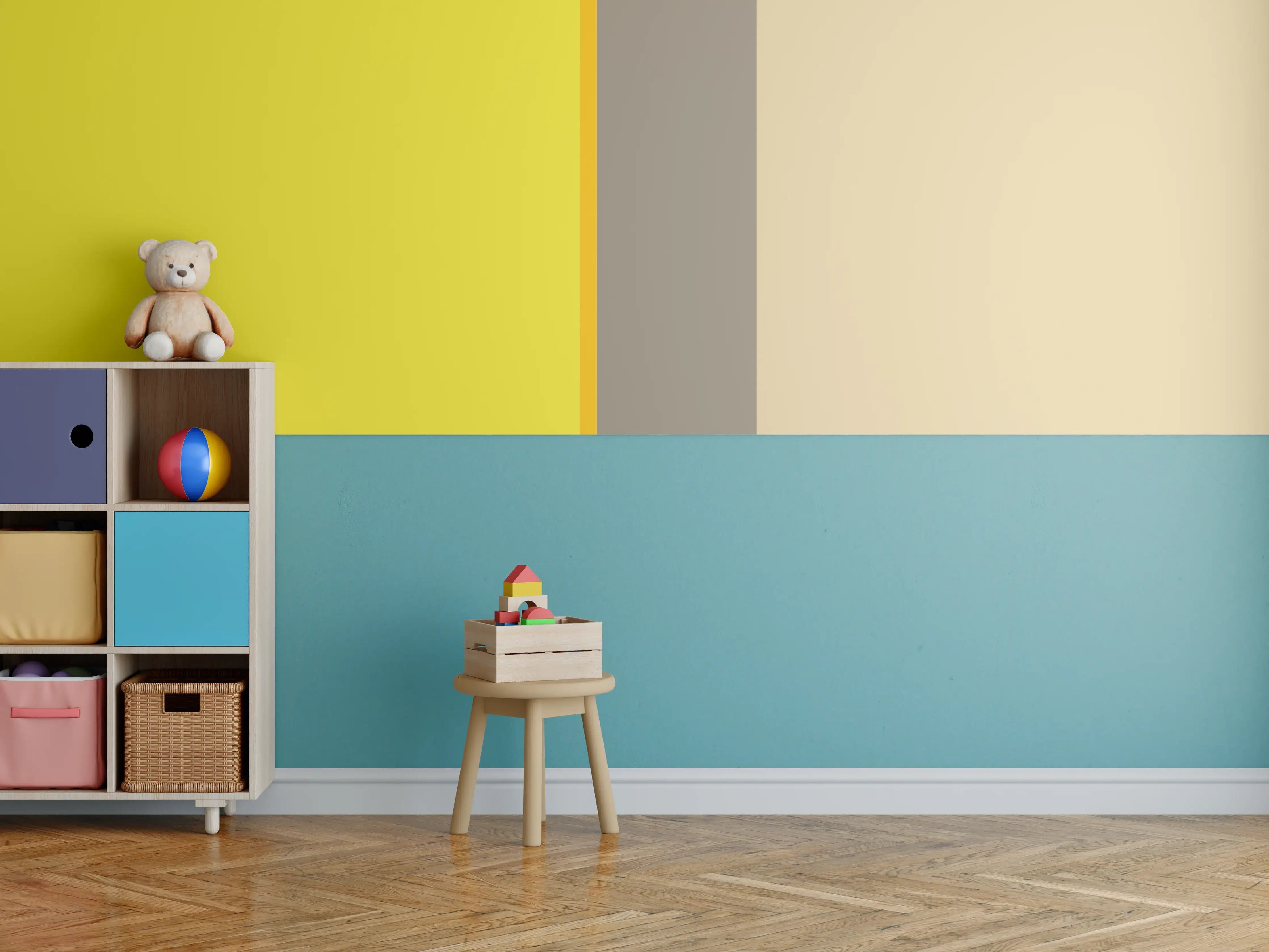 Kinderzimmer Wandgestaltung - Gelbgraue Farbgestaltung mit Akzent