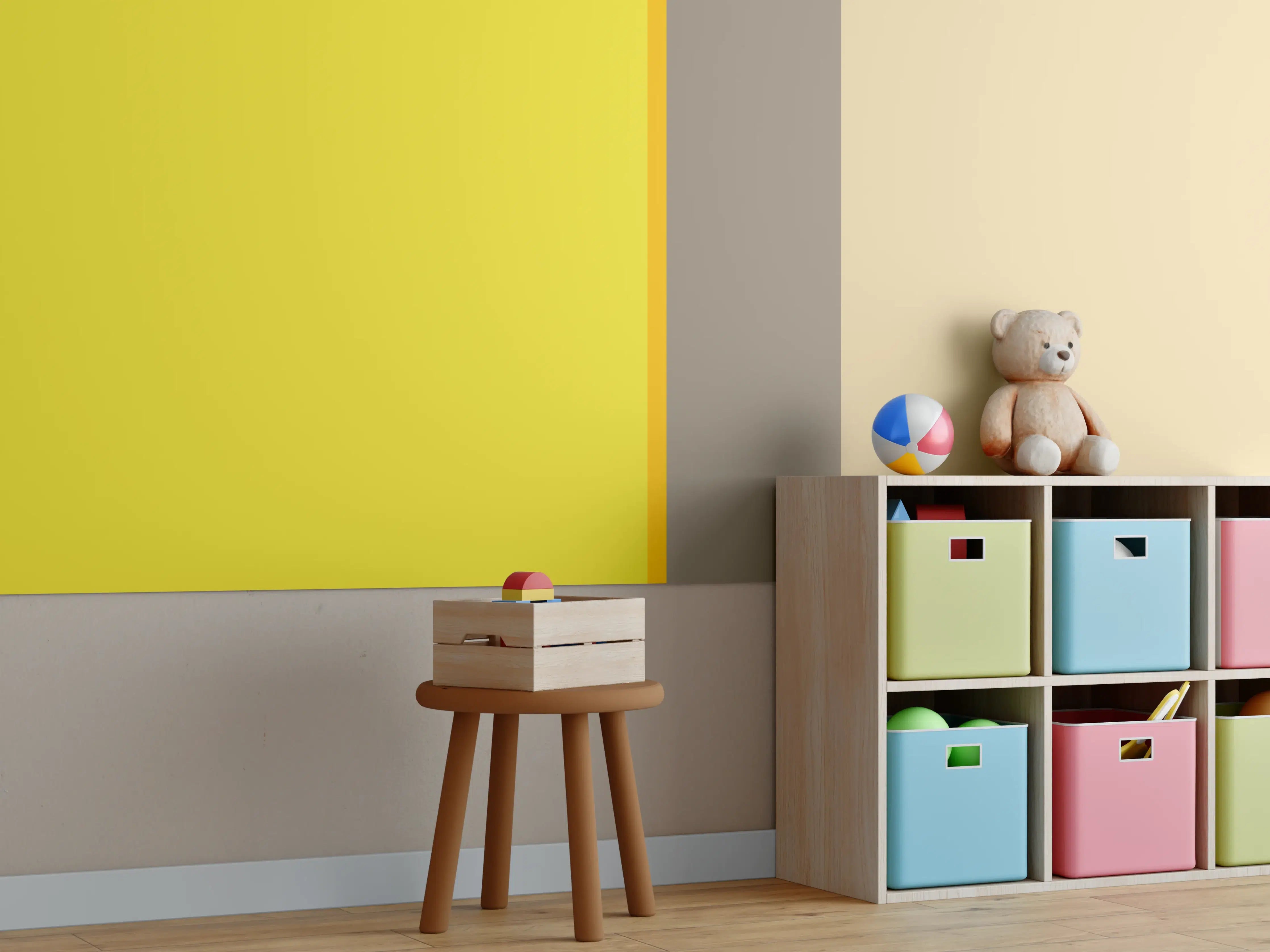Kinderzimmer Wandgestaltung - Gelbgraue Farbgestaltung mit Akzent