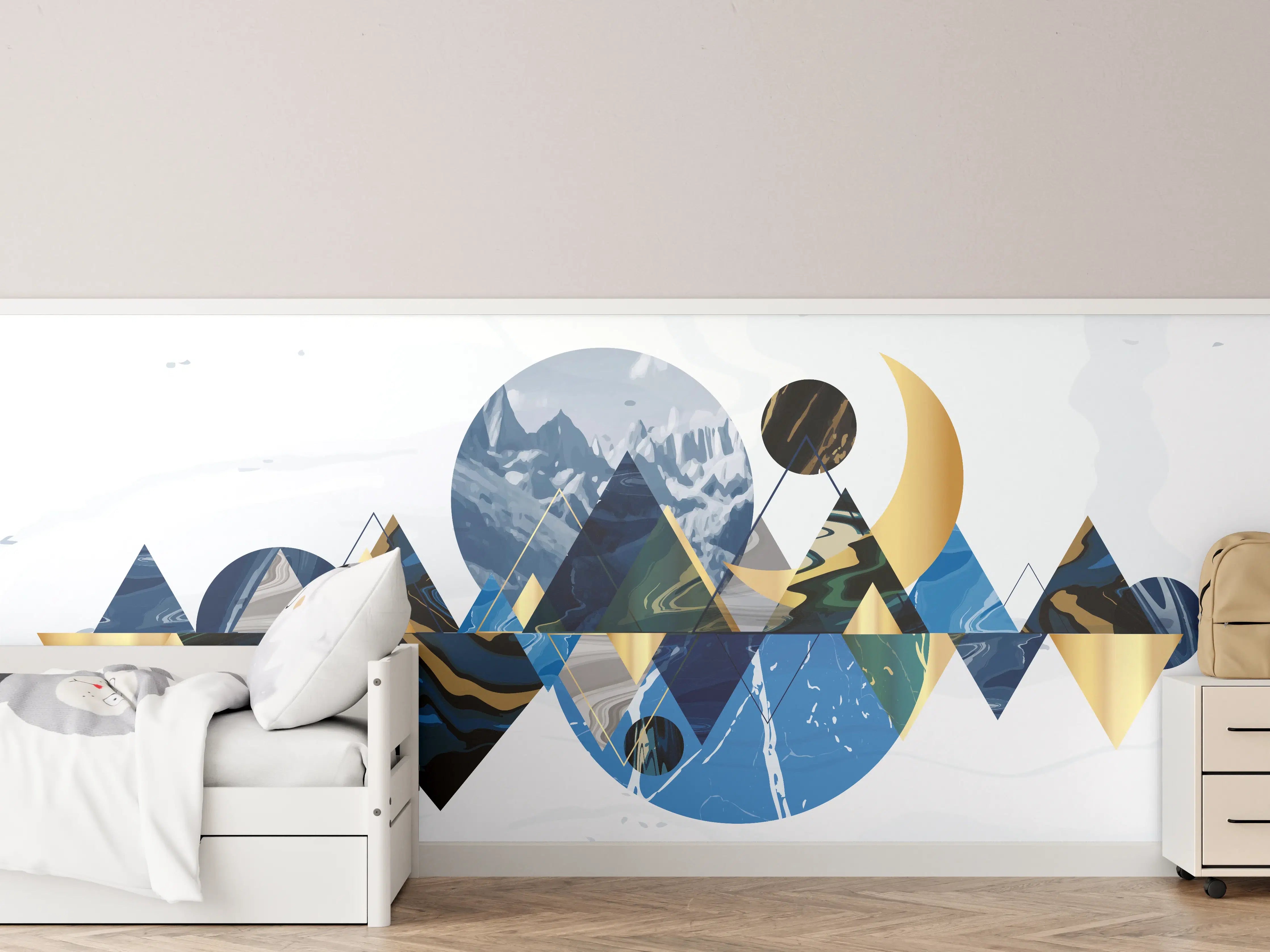 Kinderzimmer Wandgestaltung - Geometrische Berglandschaft in Blau
