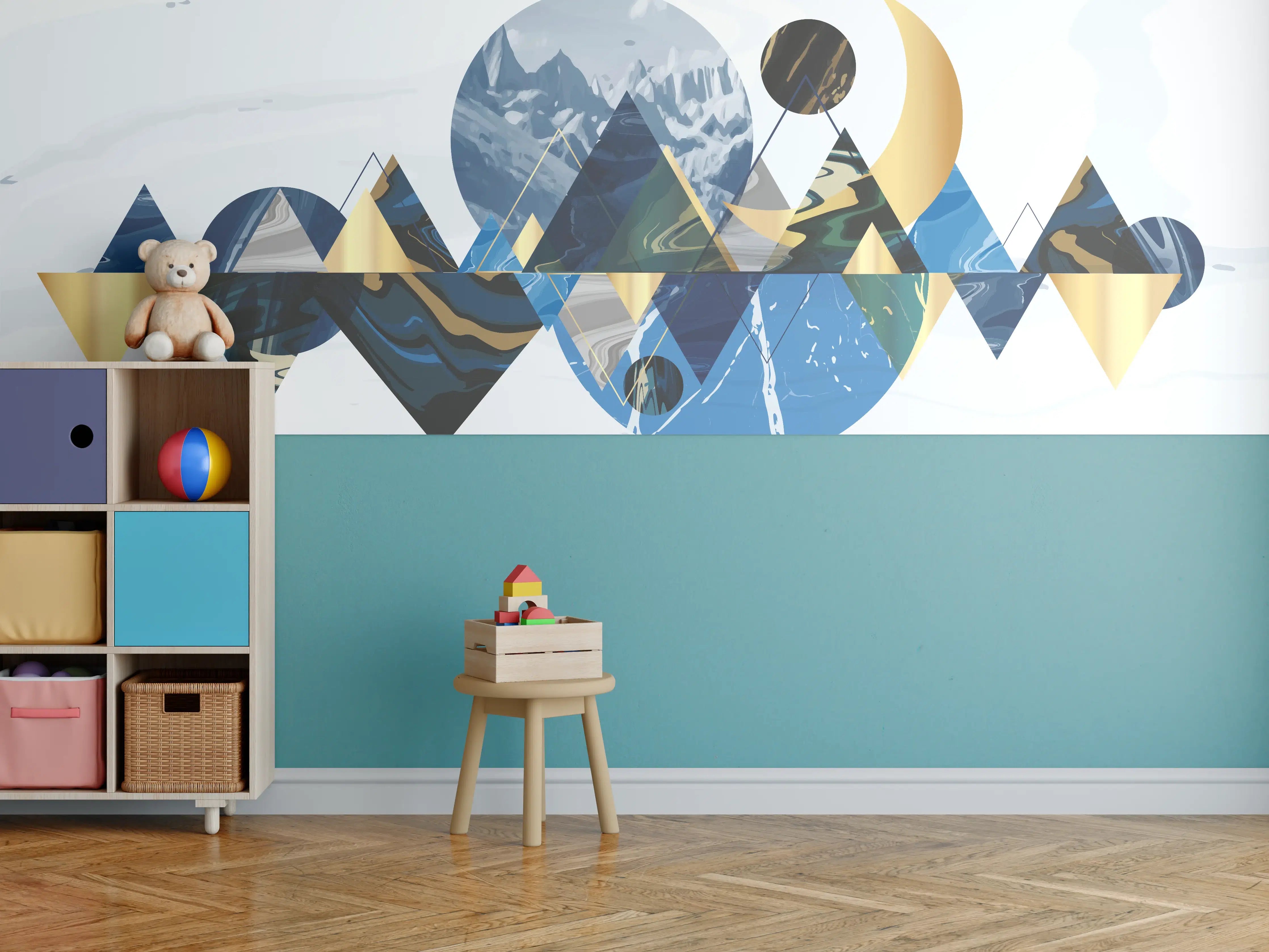 Kinderzimmer Wandgestaltung - Geometrische Berglandschaft in Blau