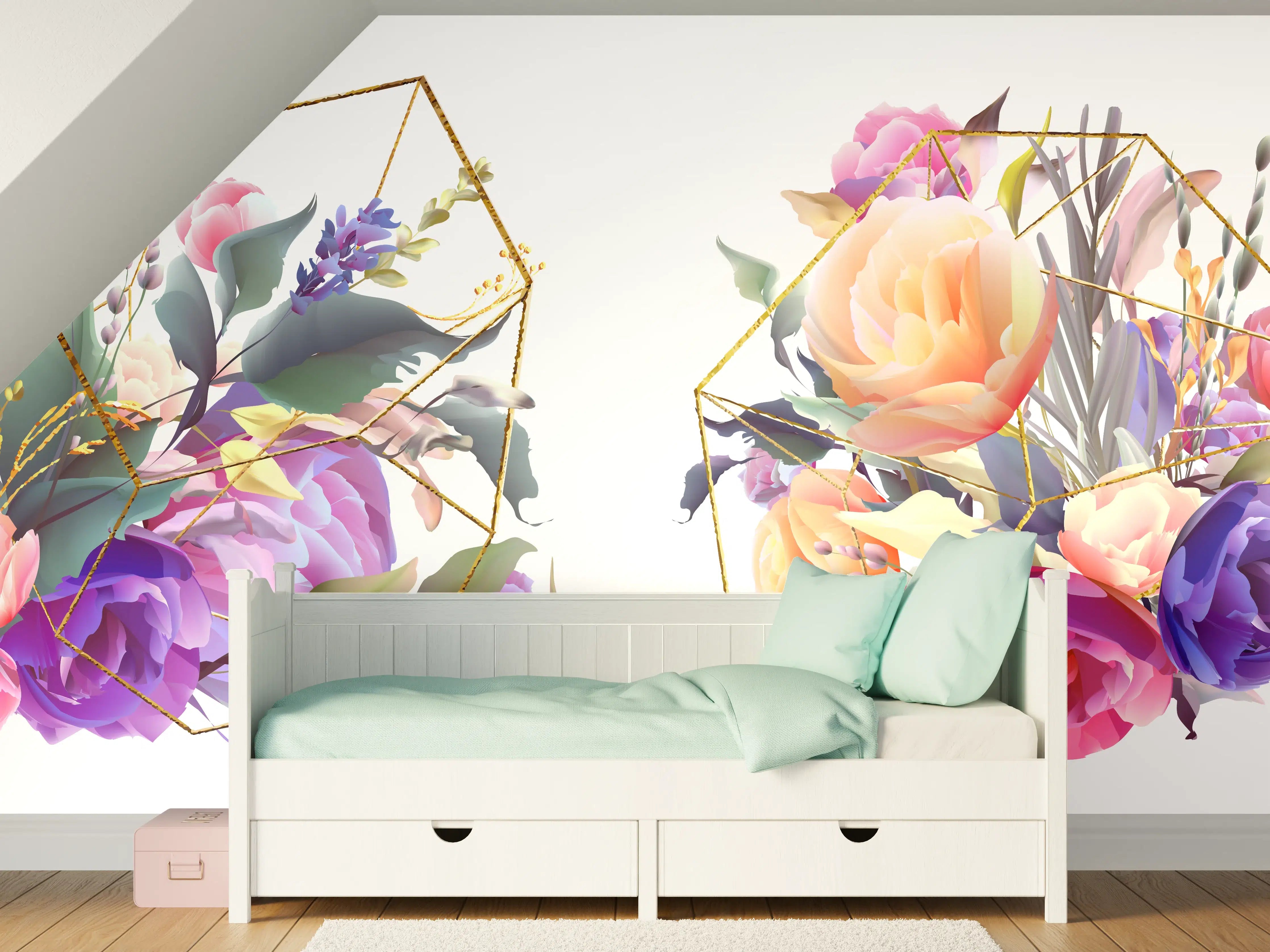 Kinderzimmer Wandgestaltung - Geometrische Blumen Goldglanz