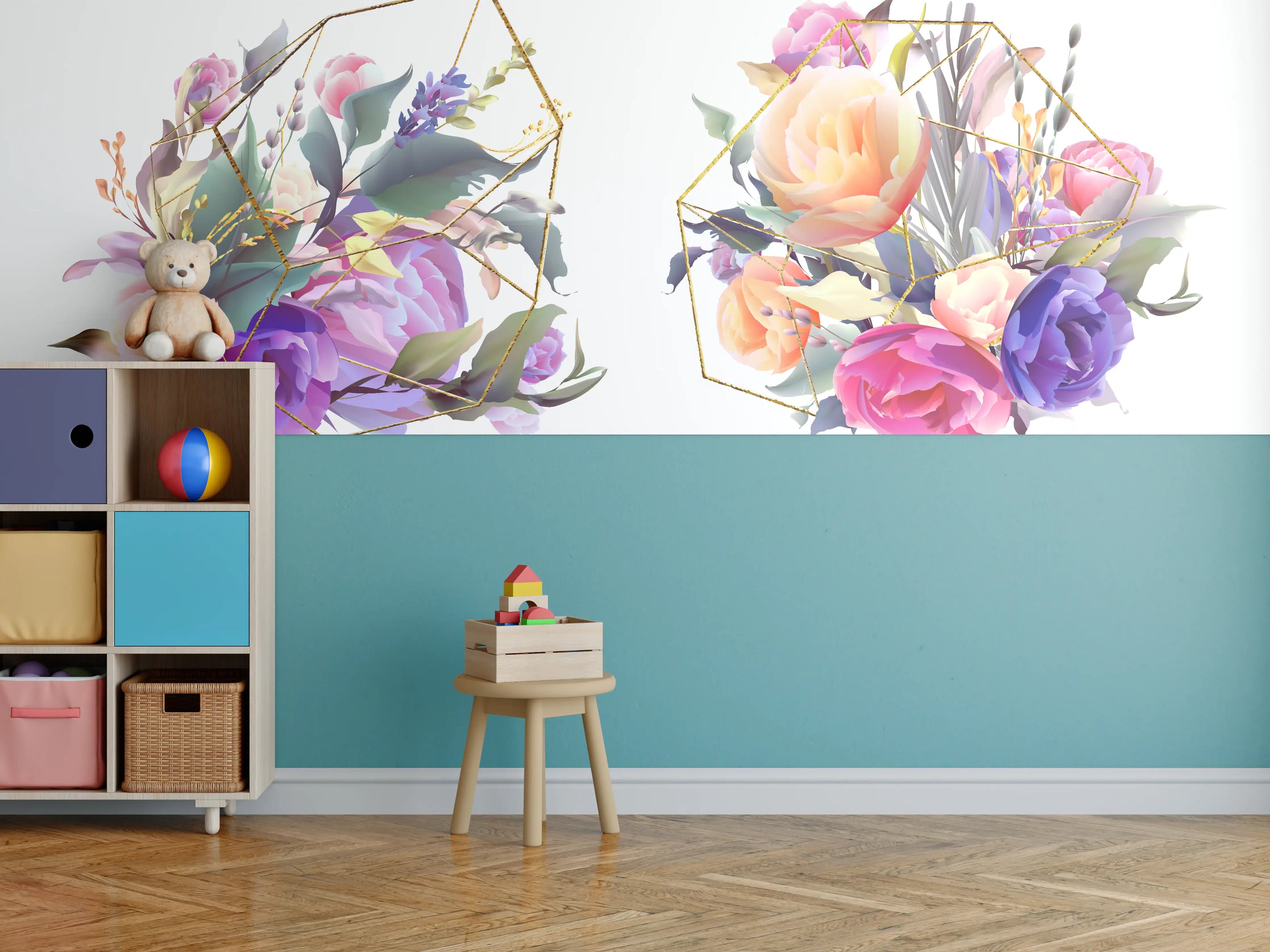 Kinderzimmer Wandgestaltung - Geometrische Blumen Goldglanz