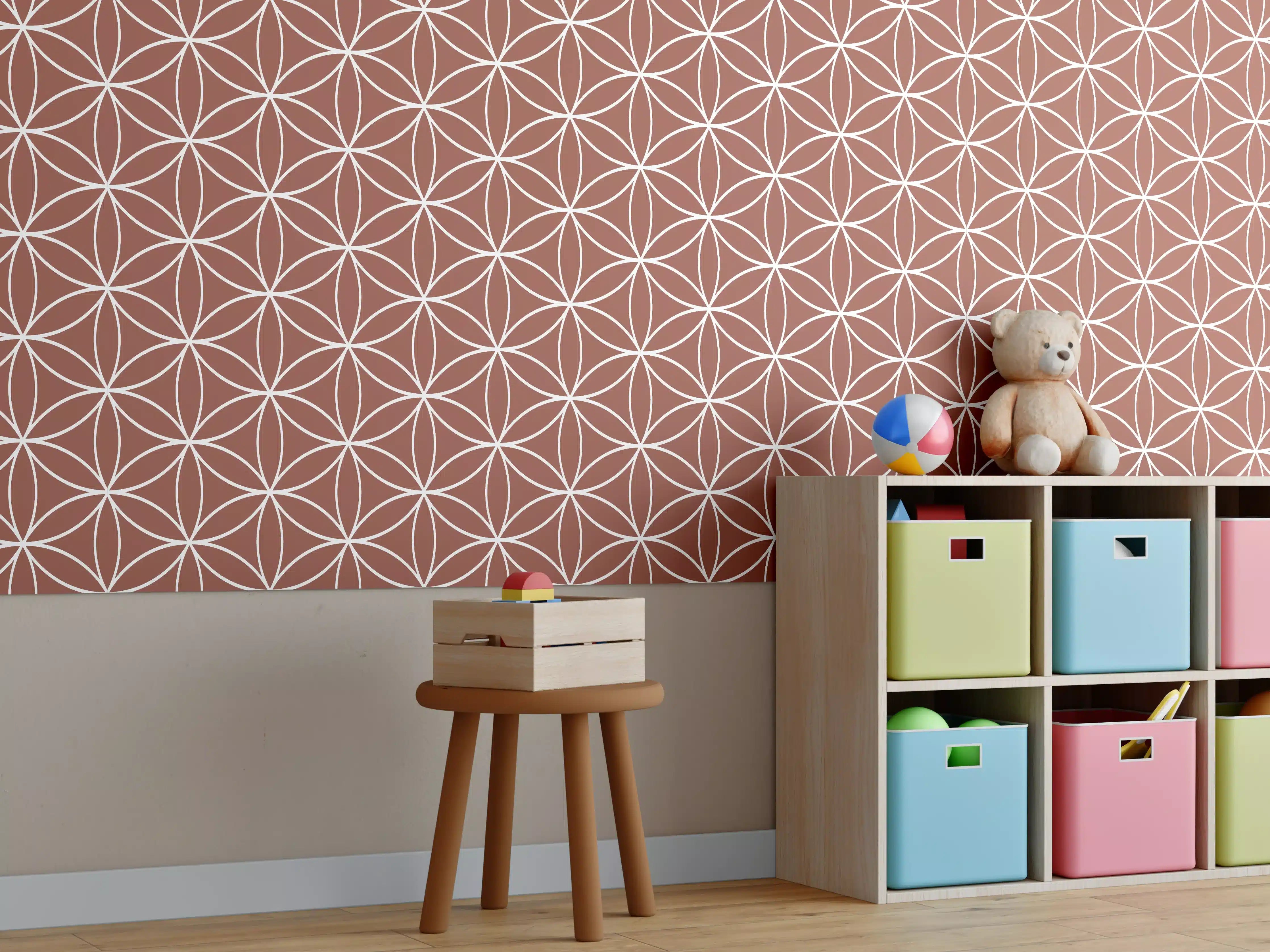 Kinderzimmer Wandgestaltung - Geometrische Fliesen in warmem Braun mit Grauakzenten