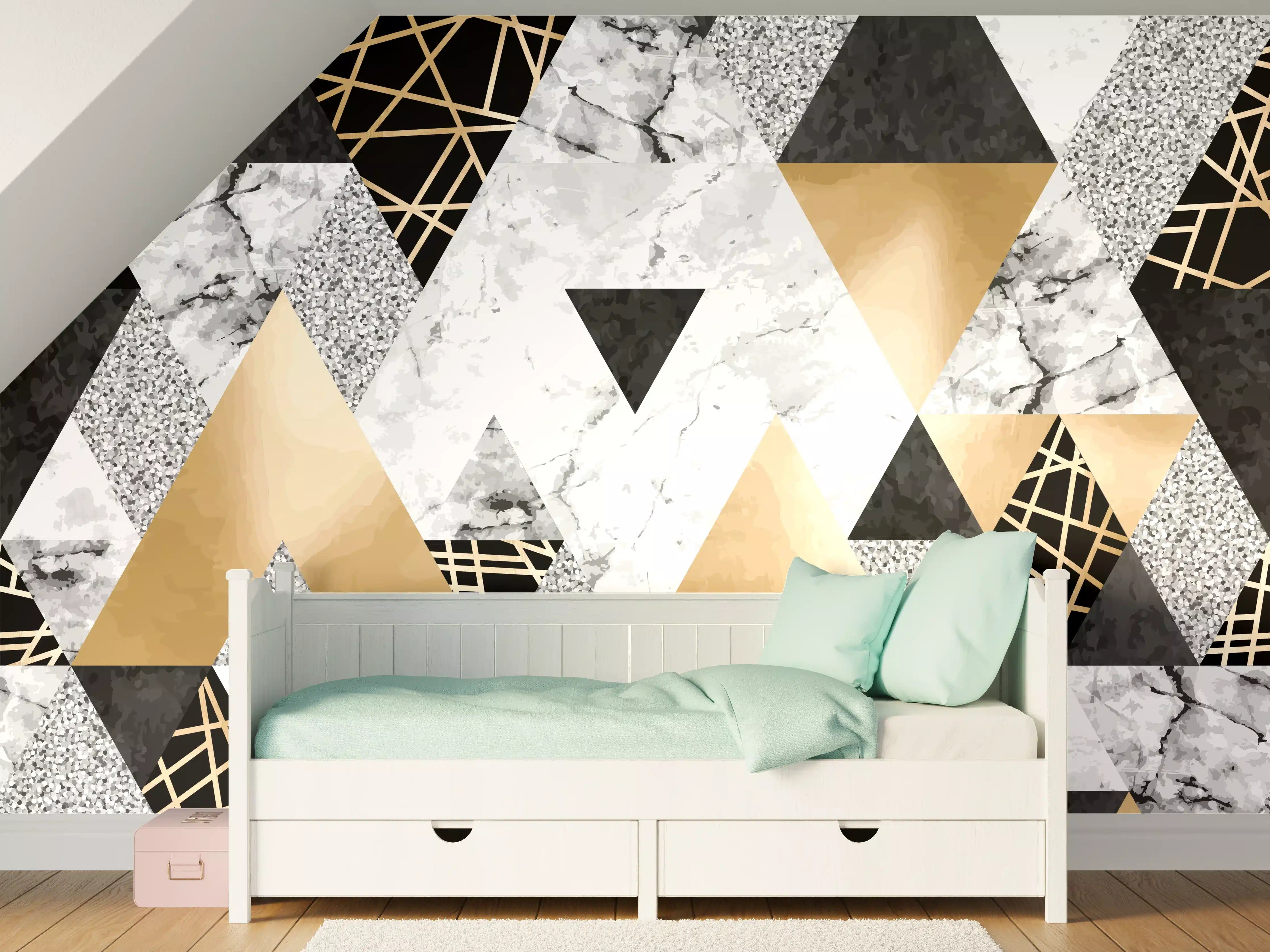 Kinderzimmer Wandgestaltung - Geometrische Gold-Schwarz-Weiß-Muster