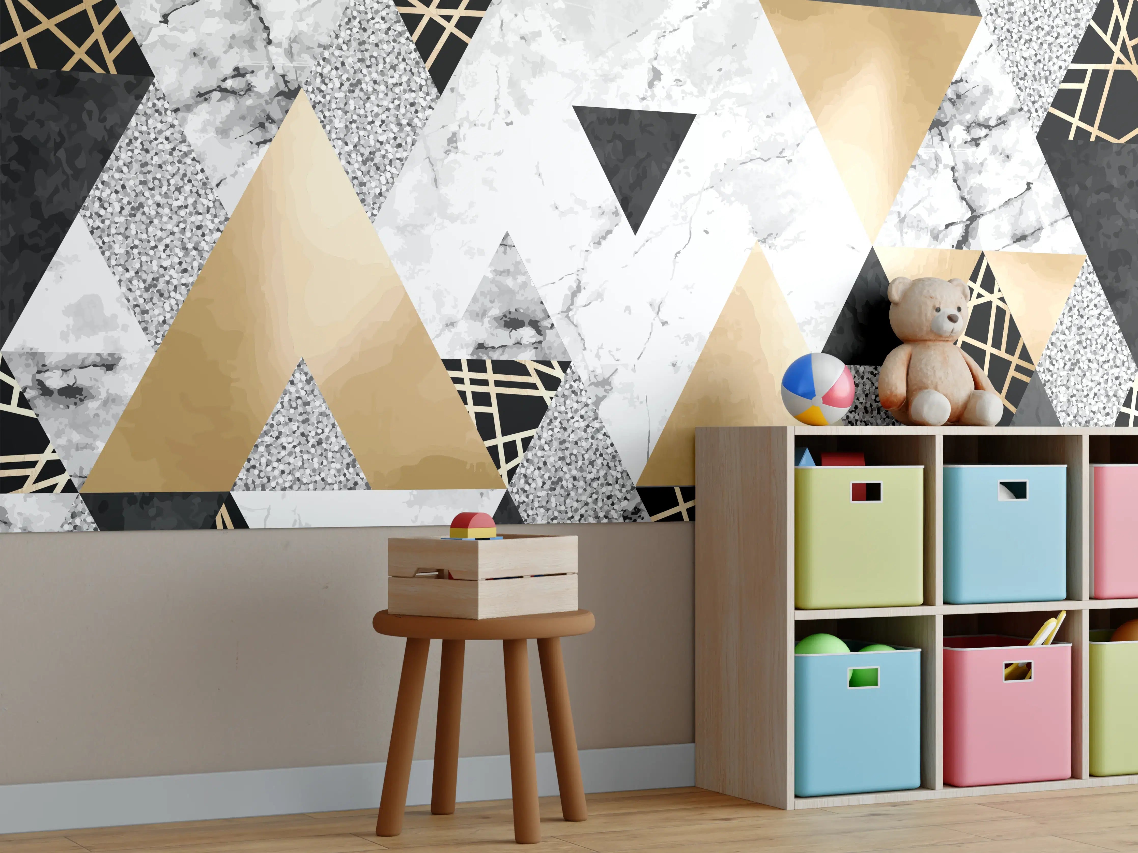Kinderzimmer Wandgestaltung - Geometrische Gold-Schwarz-Weiß-Muster