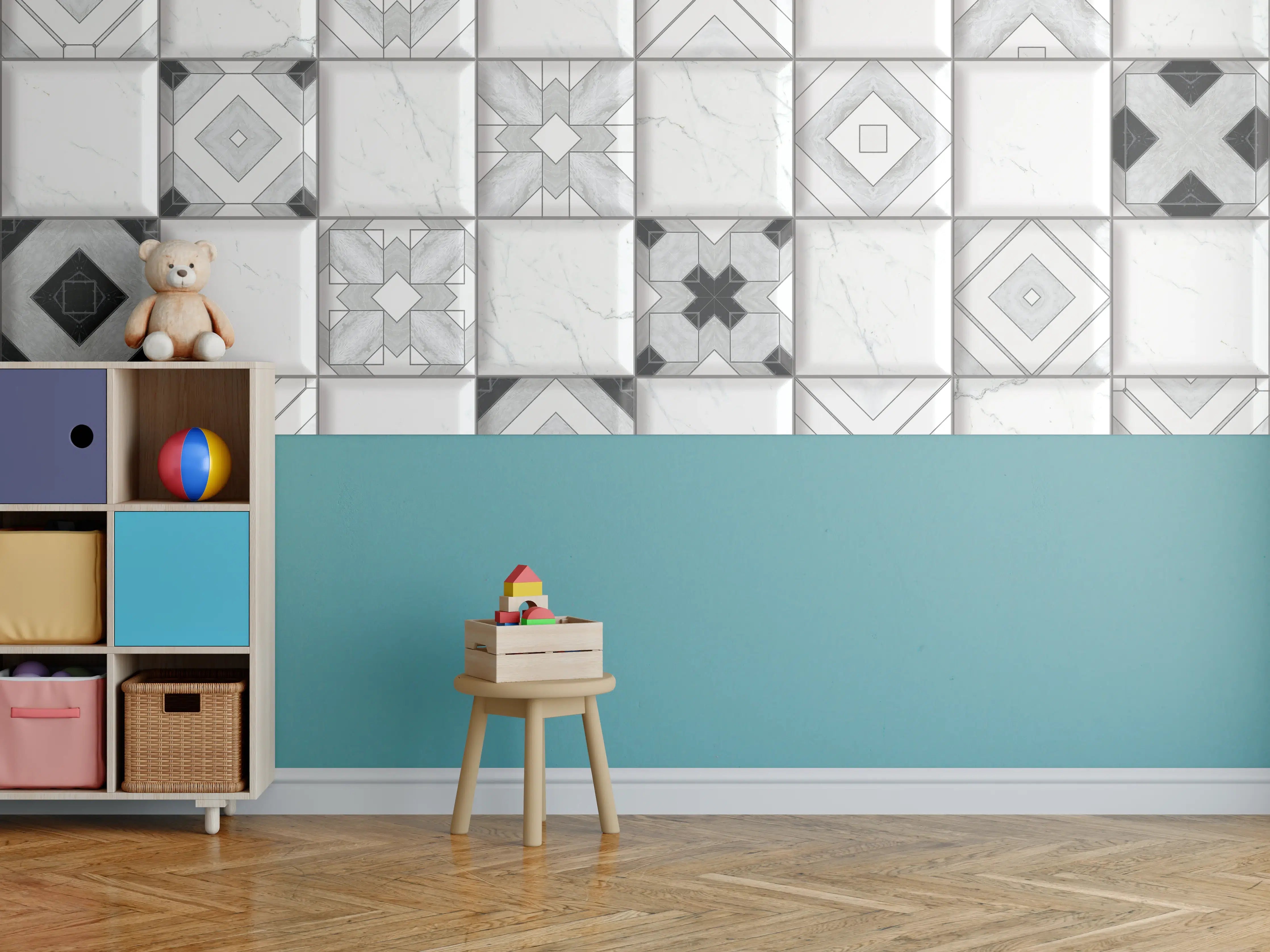 Kinderzimmer Wandgestaltung - Geometrische Weiß-Grau Wandfliesen