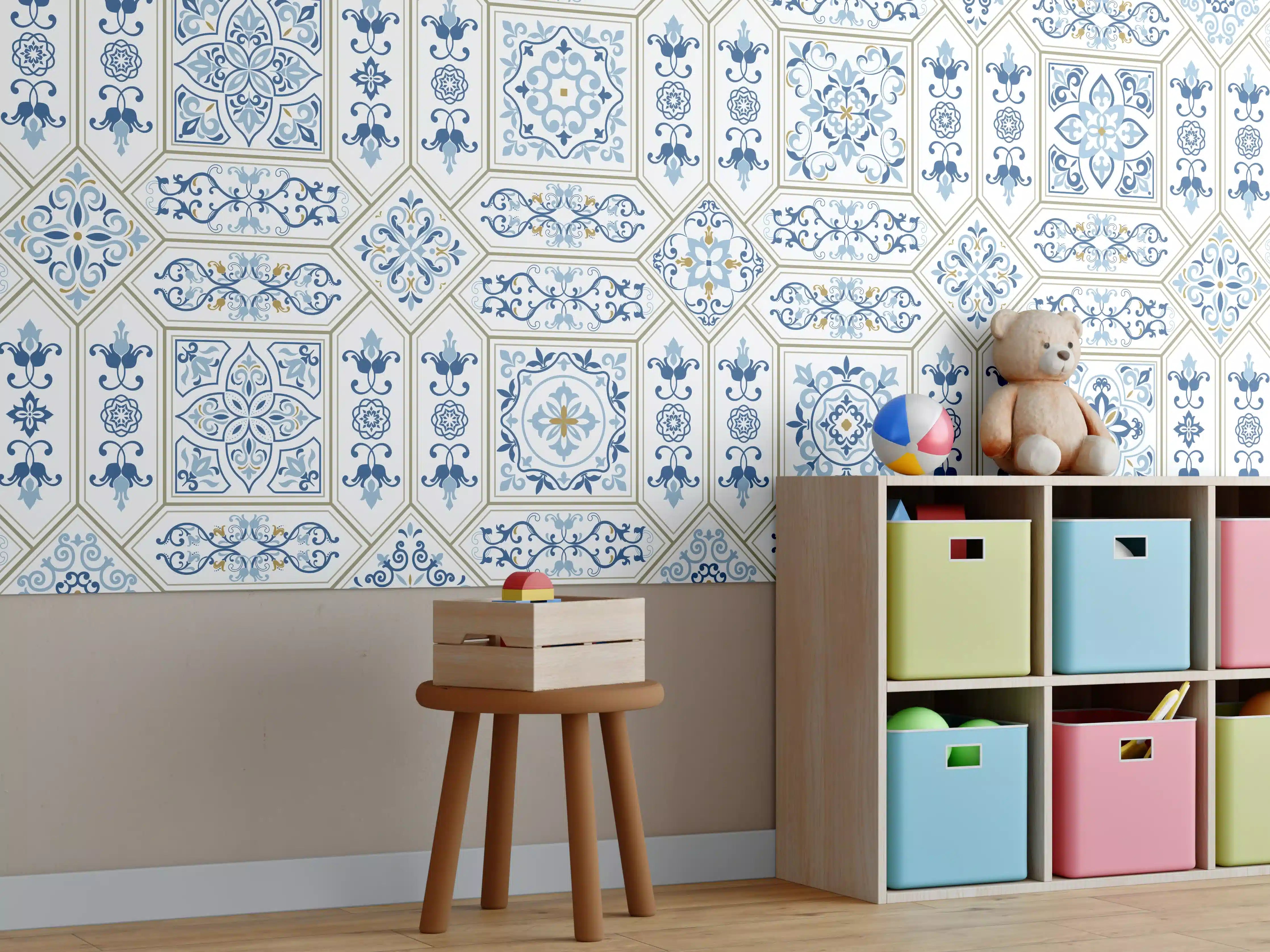 Kinderzimmer Wandgestaltung - Geometrisches Blau-Weiß-Muster