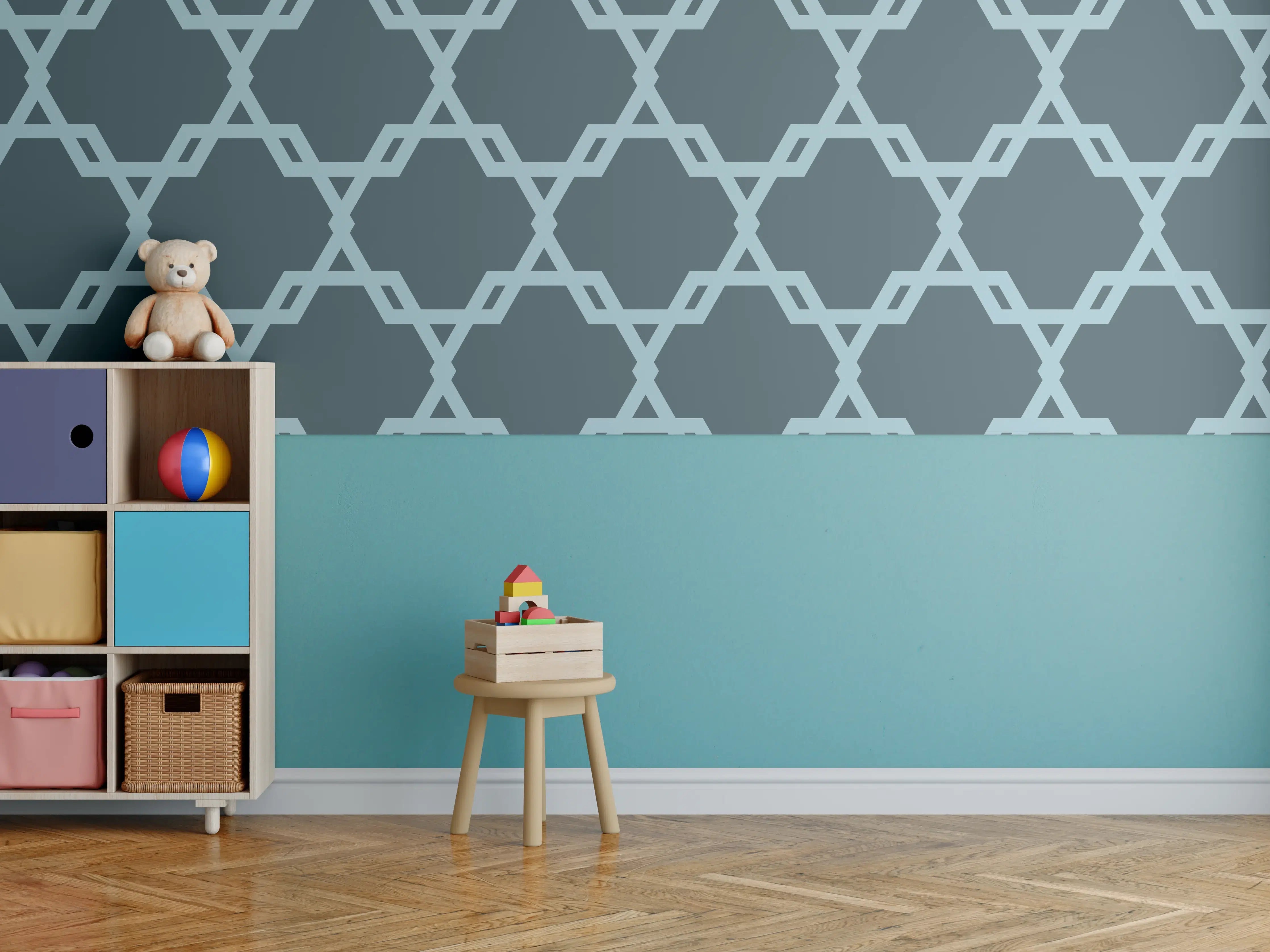 Kinderzimmer Wandgestaltung - Geometrisches Blaugrau Muster
