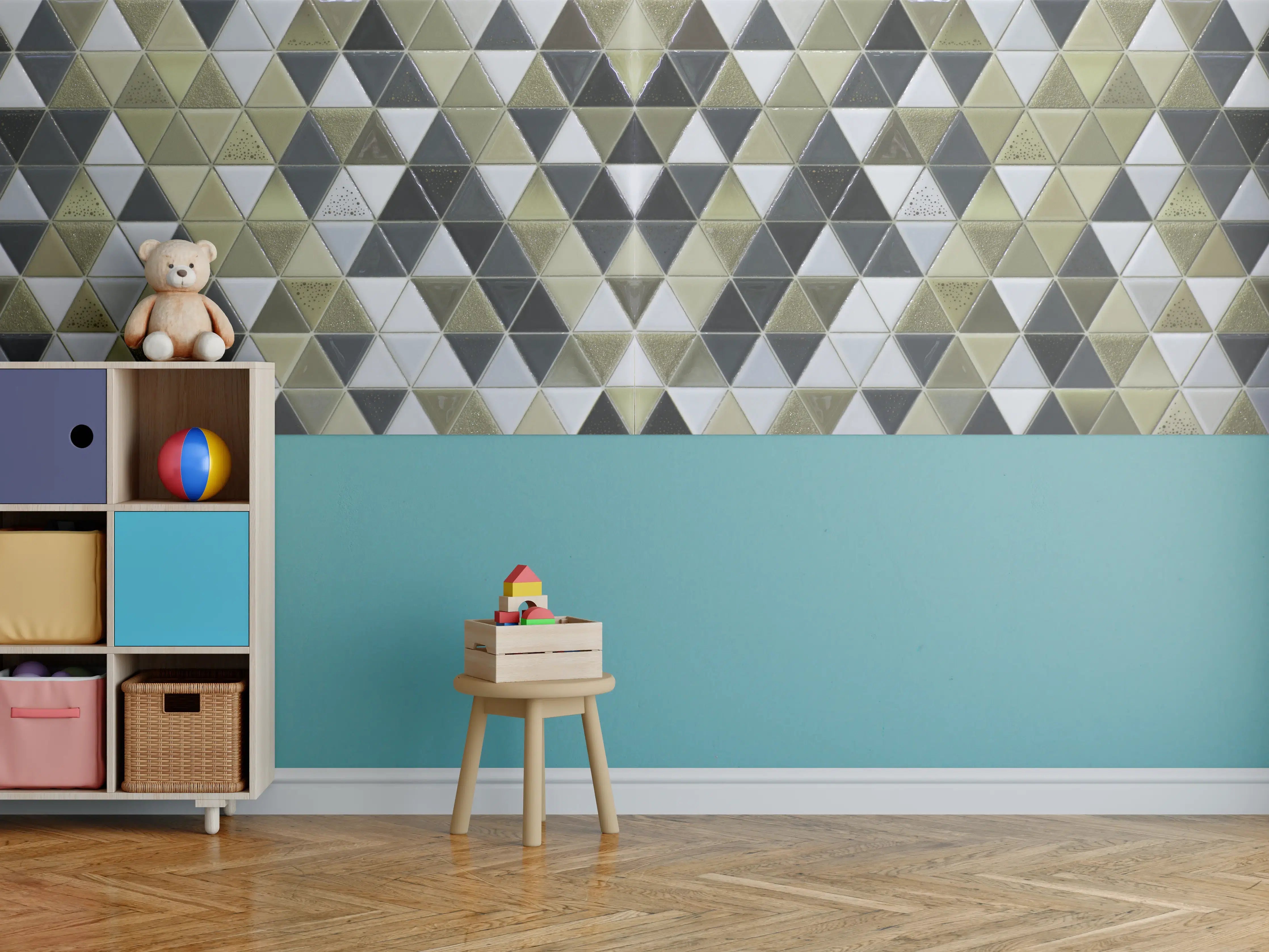 Kinderzimmer Wandgestaltung - Geometrisches Fliesenmuster Schwarz Weiß Gold
