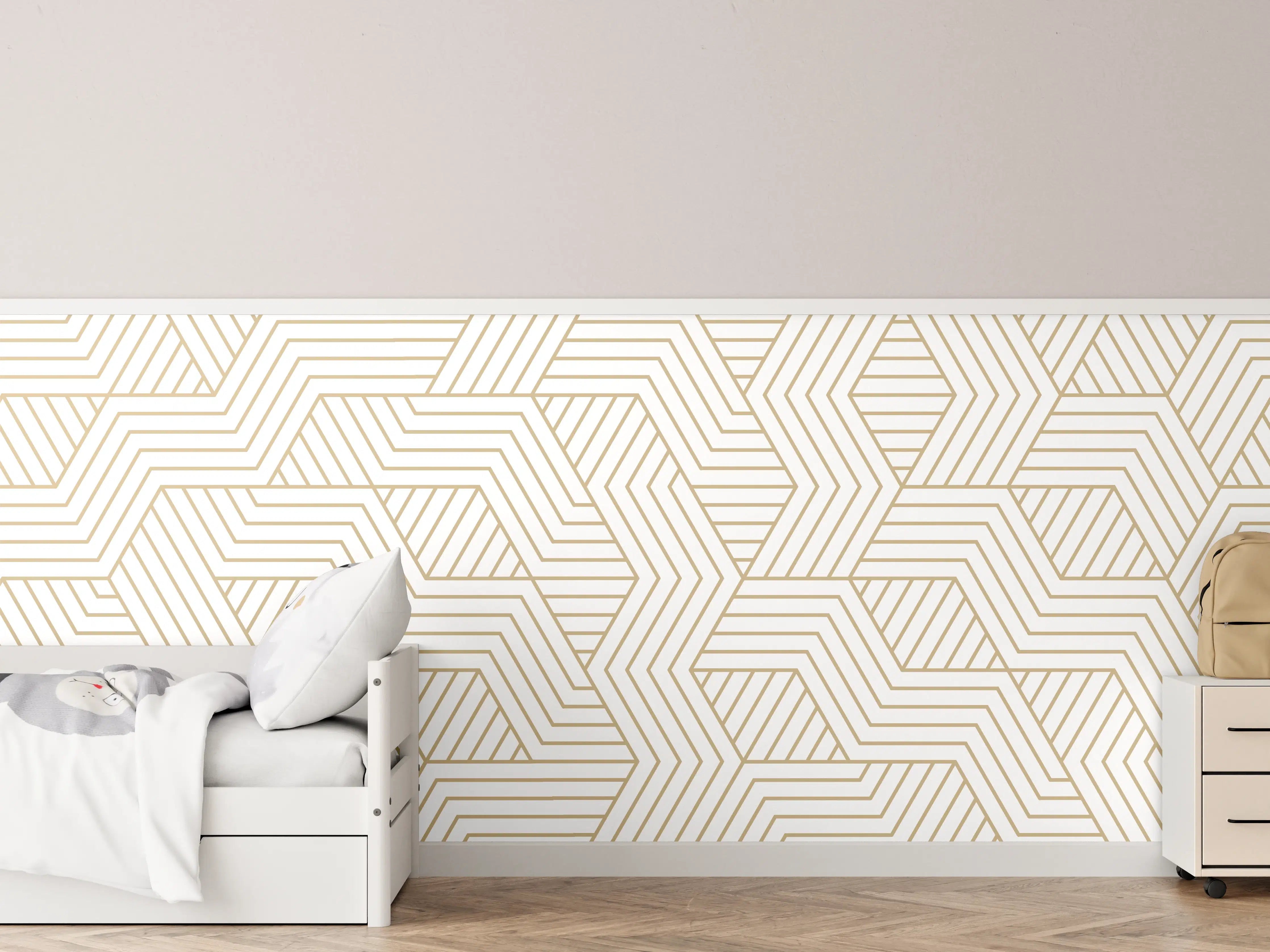 Kinderzimmer Wandgestaltung - Geometrisches Gold-Weiß Muster