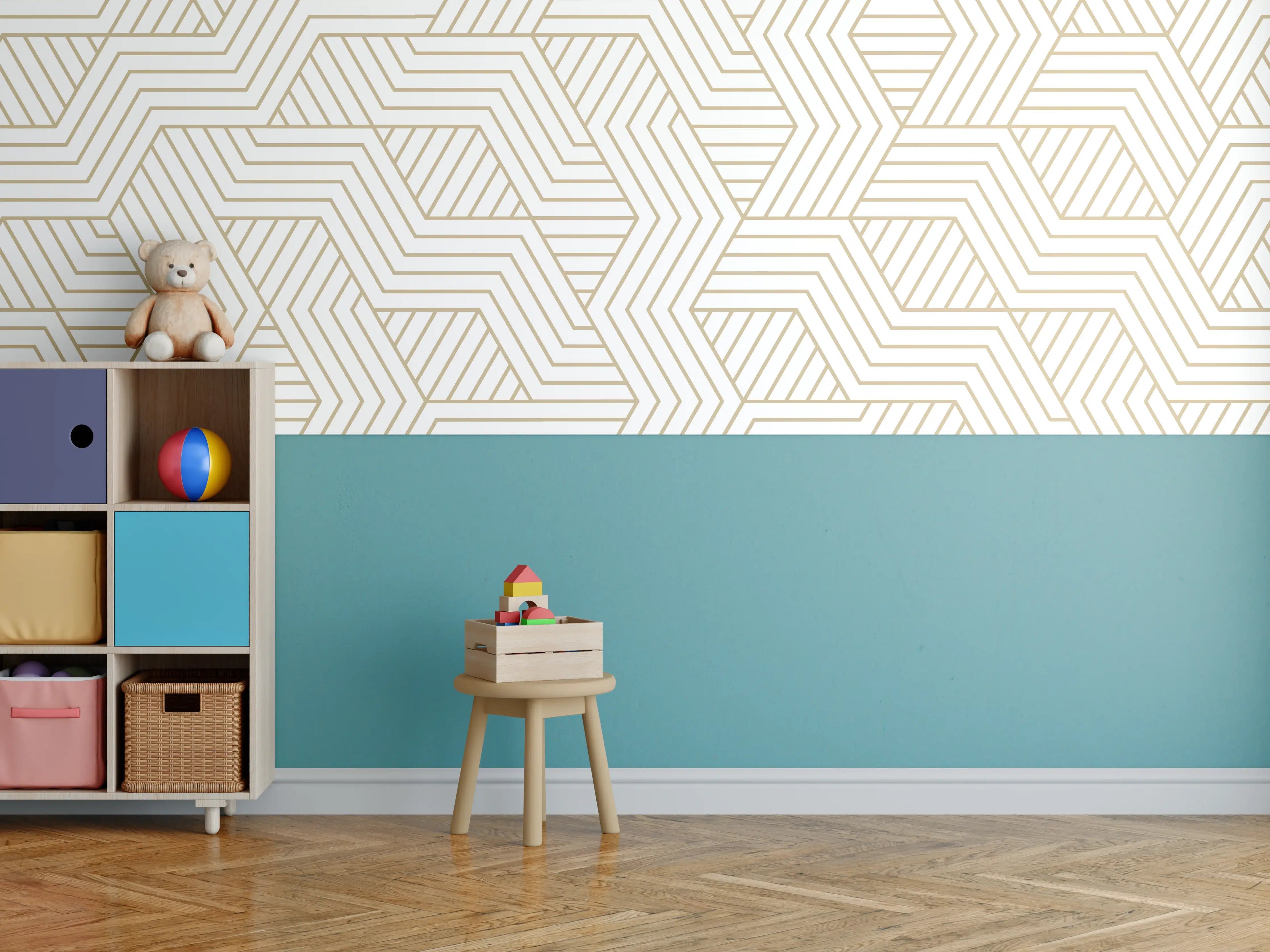 Kinderzimmer Wandgestaltung - Geometrisches Gold-Weiß Muster