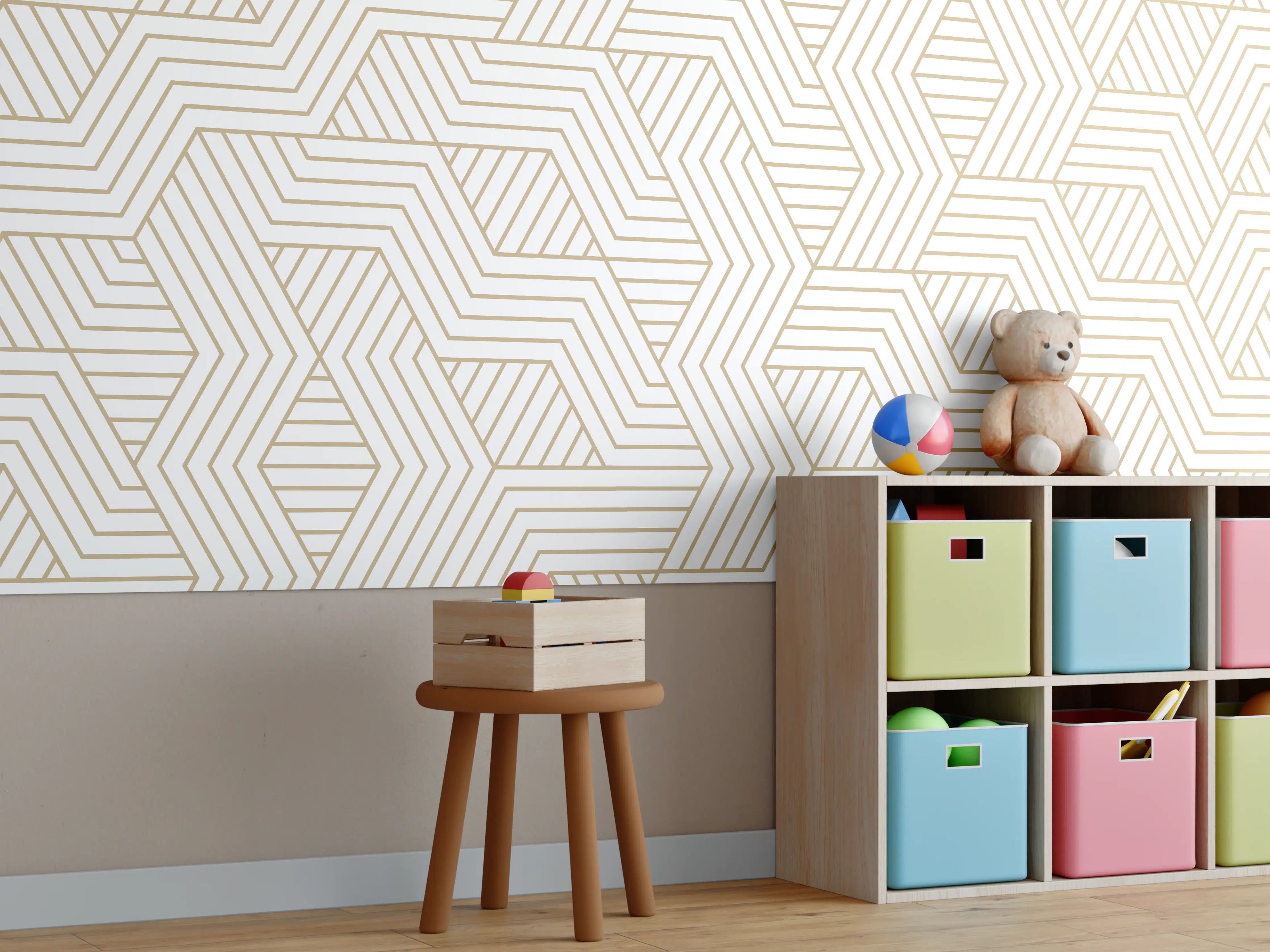 Kinderzimmer Wandgestaltung - Geometrisches Gold-Weiß Muster
