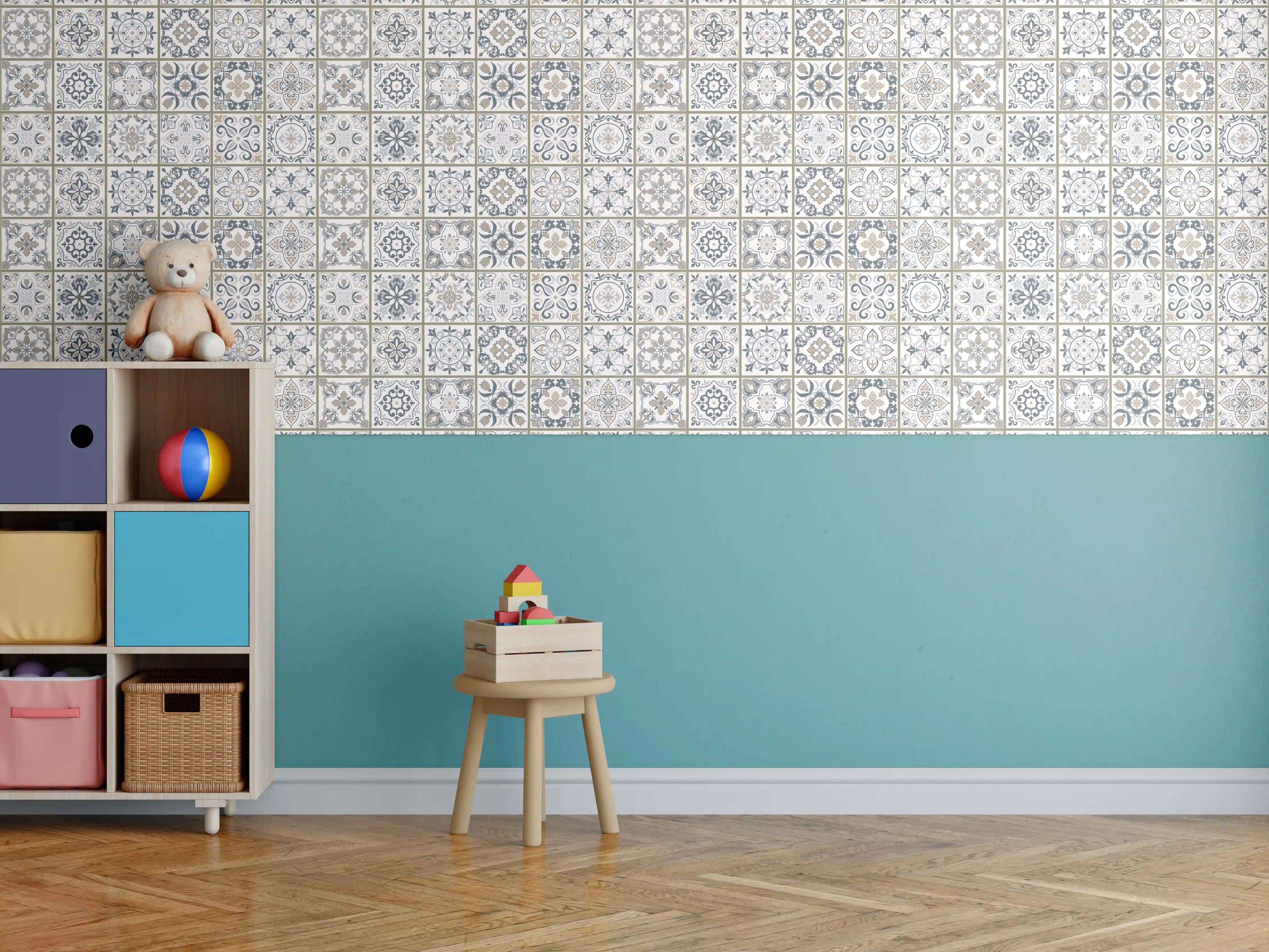 Kinderzimmer Wandgestaltung - Geometrisches Grau-Weiß Muster