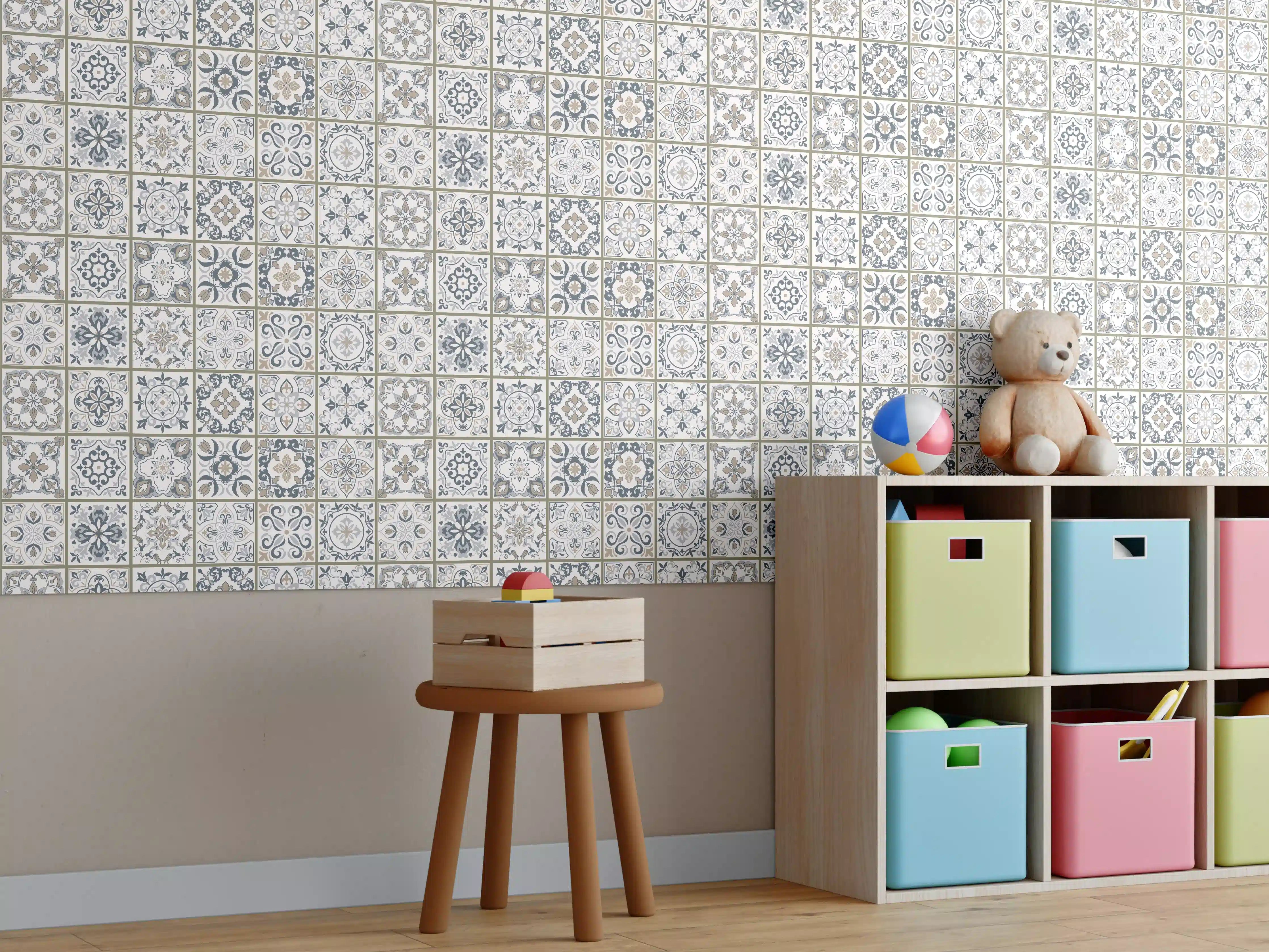 Kinderzimmer Wandgestaltung - Geometrisches Grau-Weiß Muster
