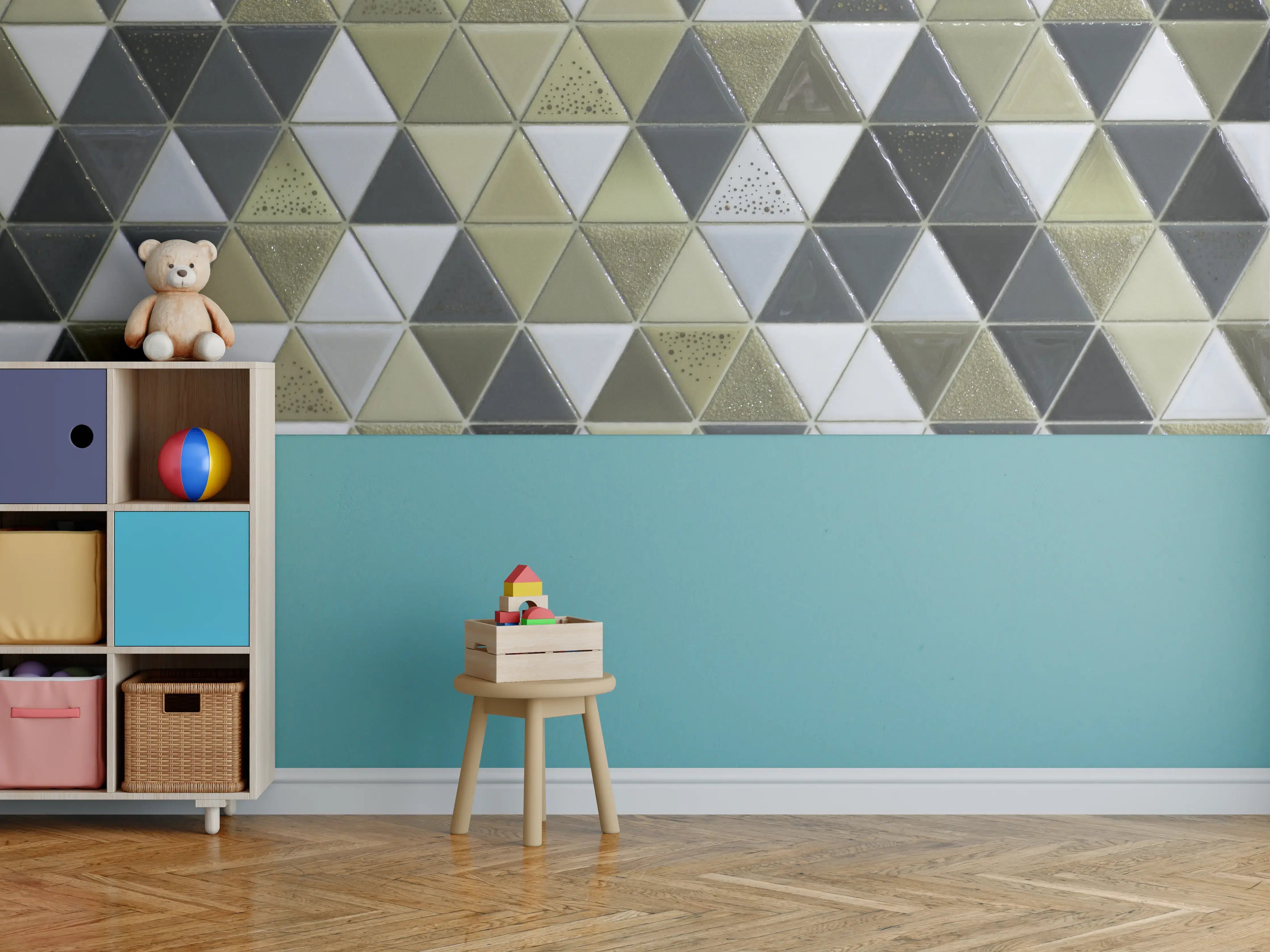 Kinderzimmer Wandgestaltung - Geometrisches Mosaik Kachel Grau