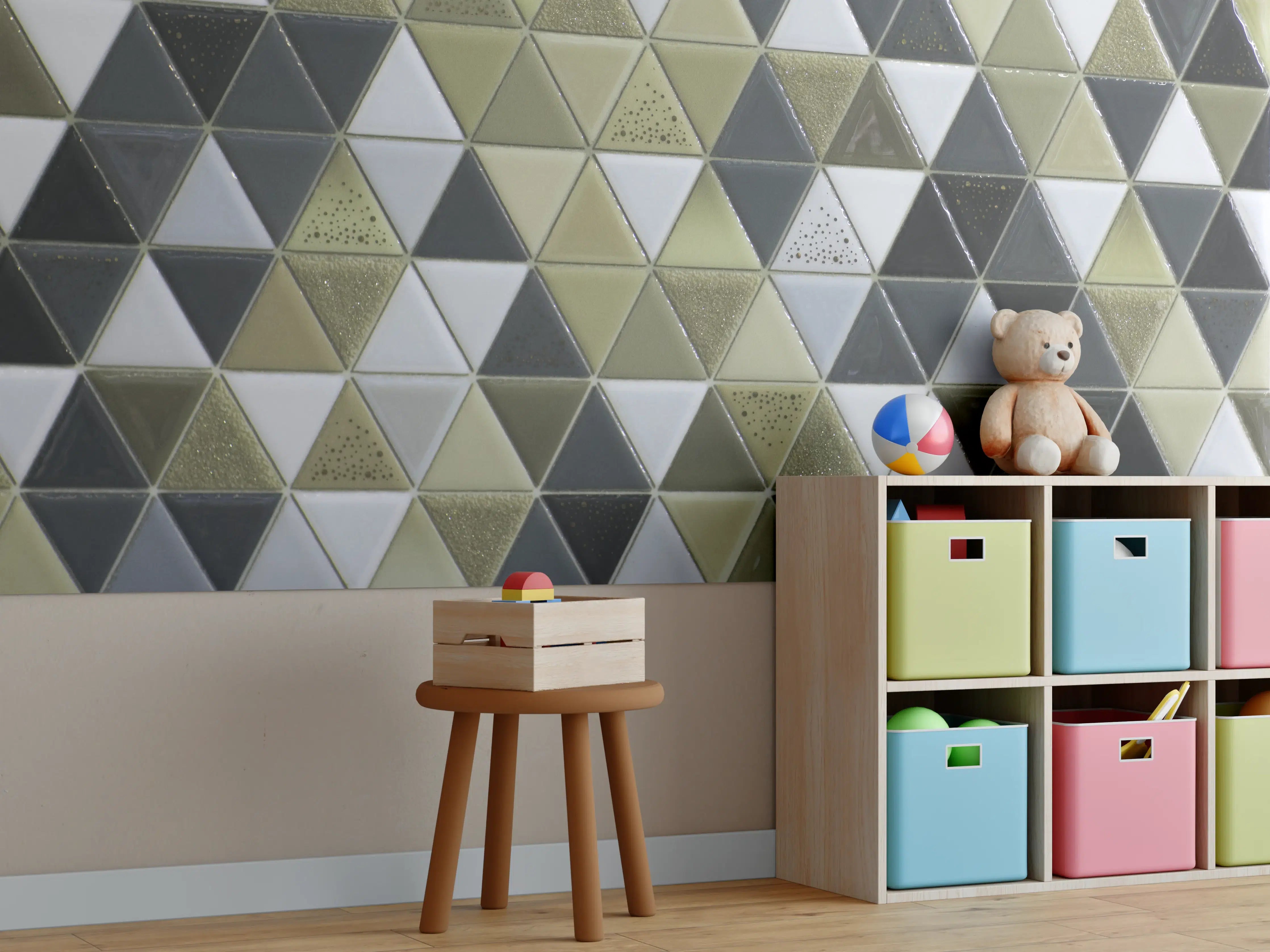 Kinderzimmer Wandgestaltung - Geometrisches Mosaik Kachel Grau