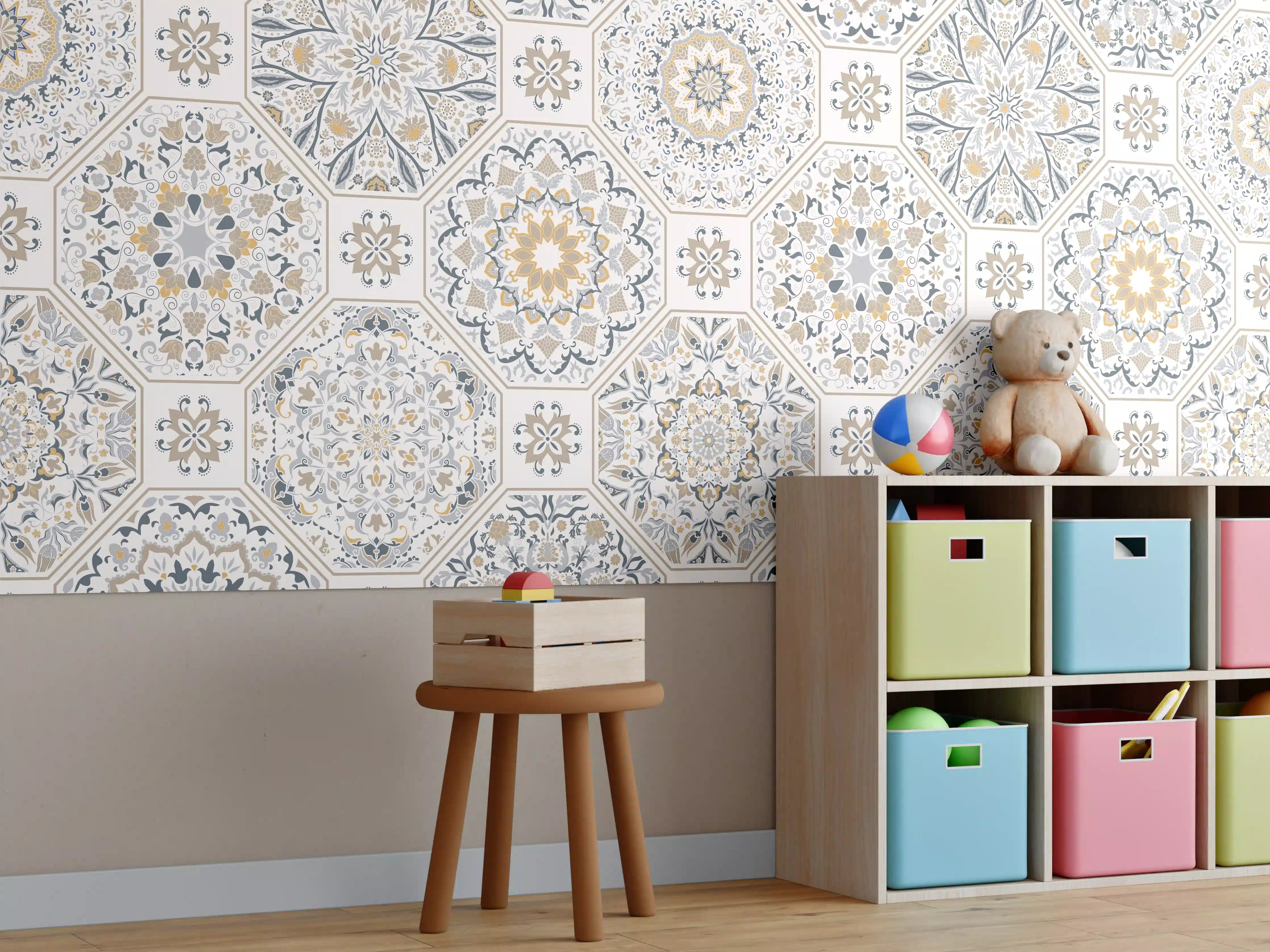 Kinderzimmer Wandgestaltung - Geometrisches Mosaik-Muster Beige