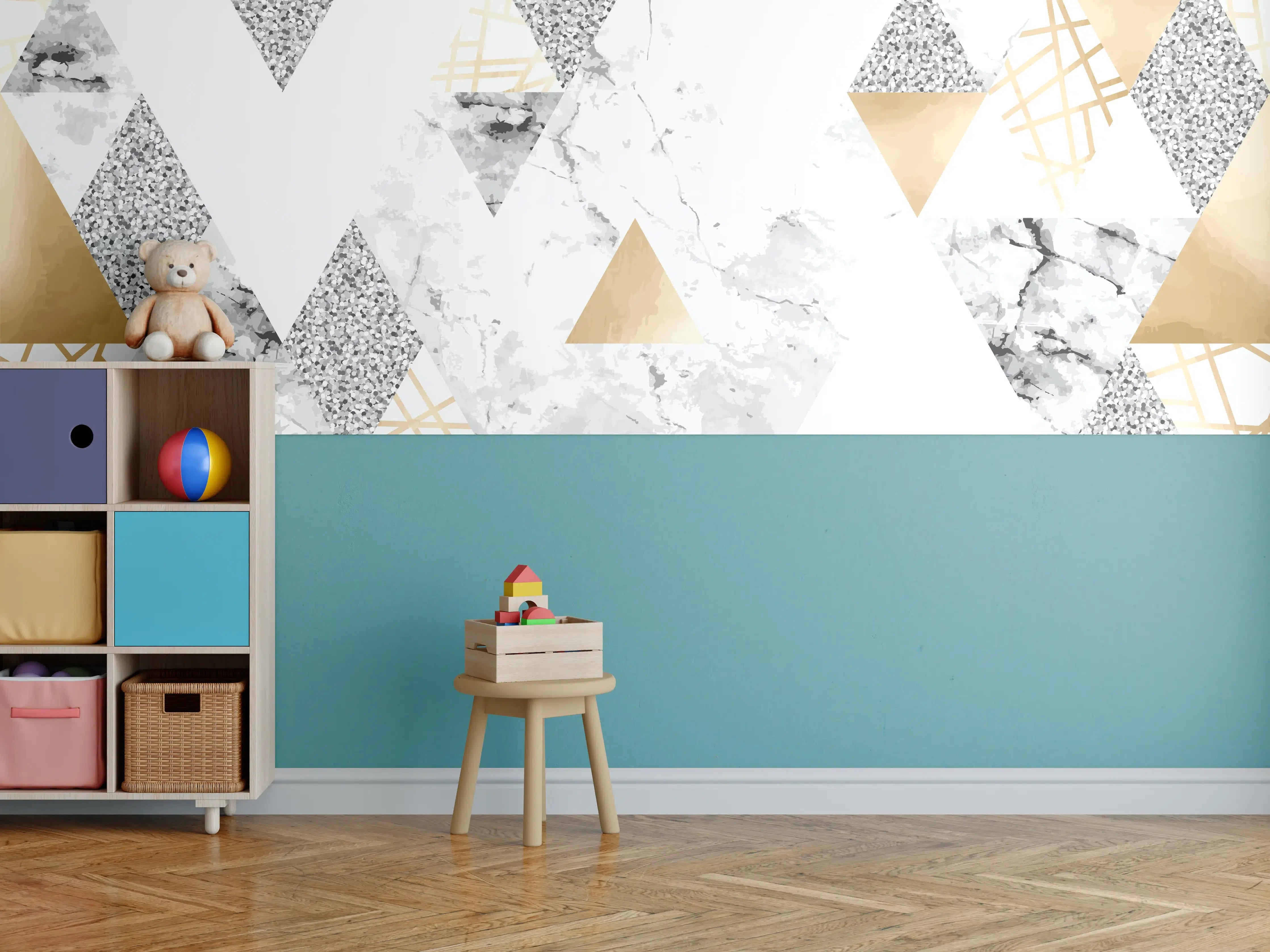 Kinderzimmer Wandgestaltung - Geometrisches Muster Gold Weiß Grau
