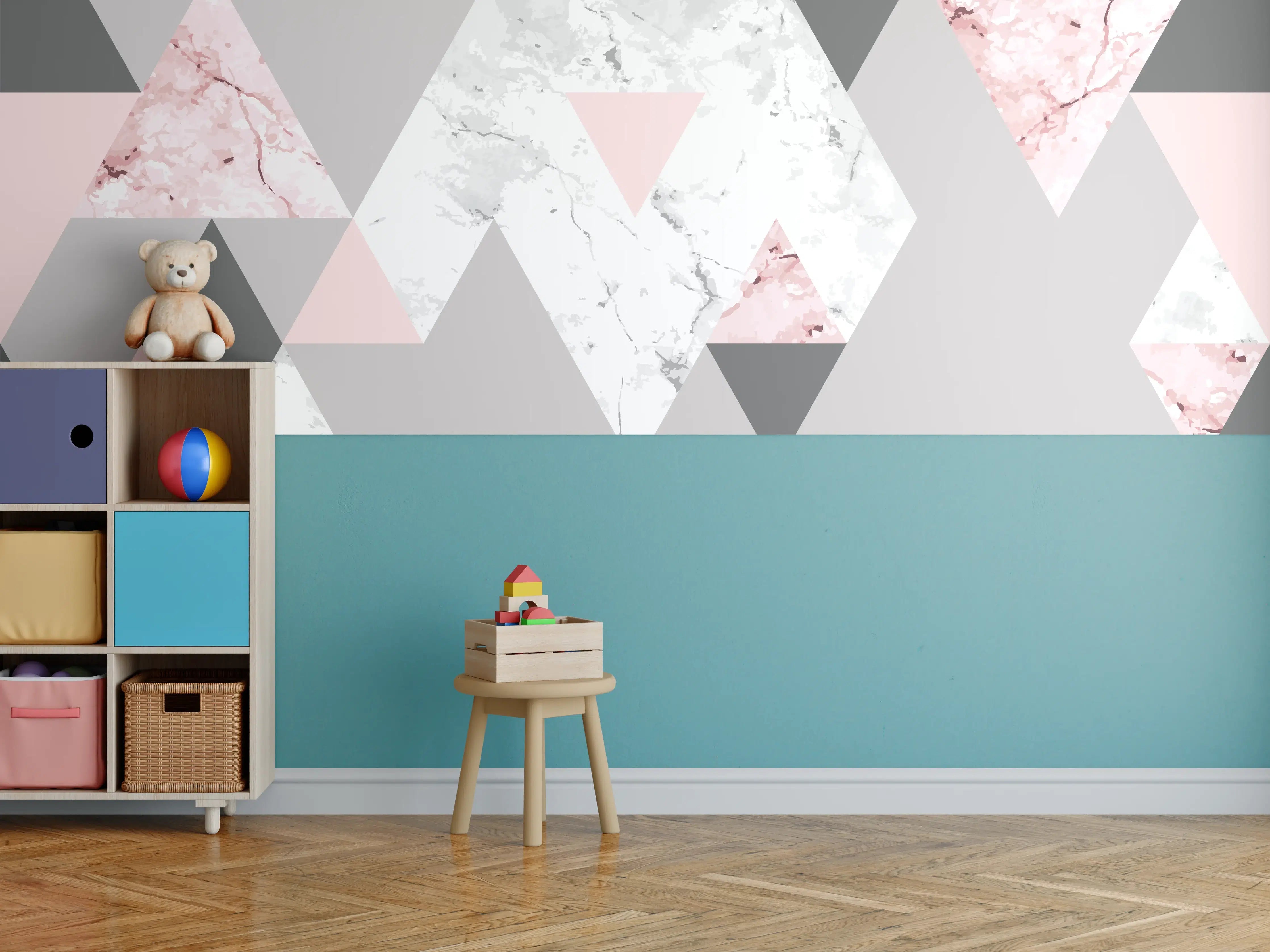 Kinderzimmer Wandgestaltung - Geometrisches Rosa-Grau-Muster