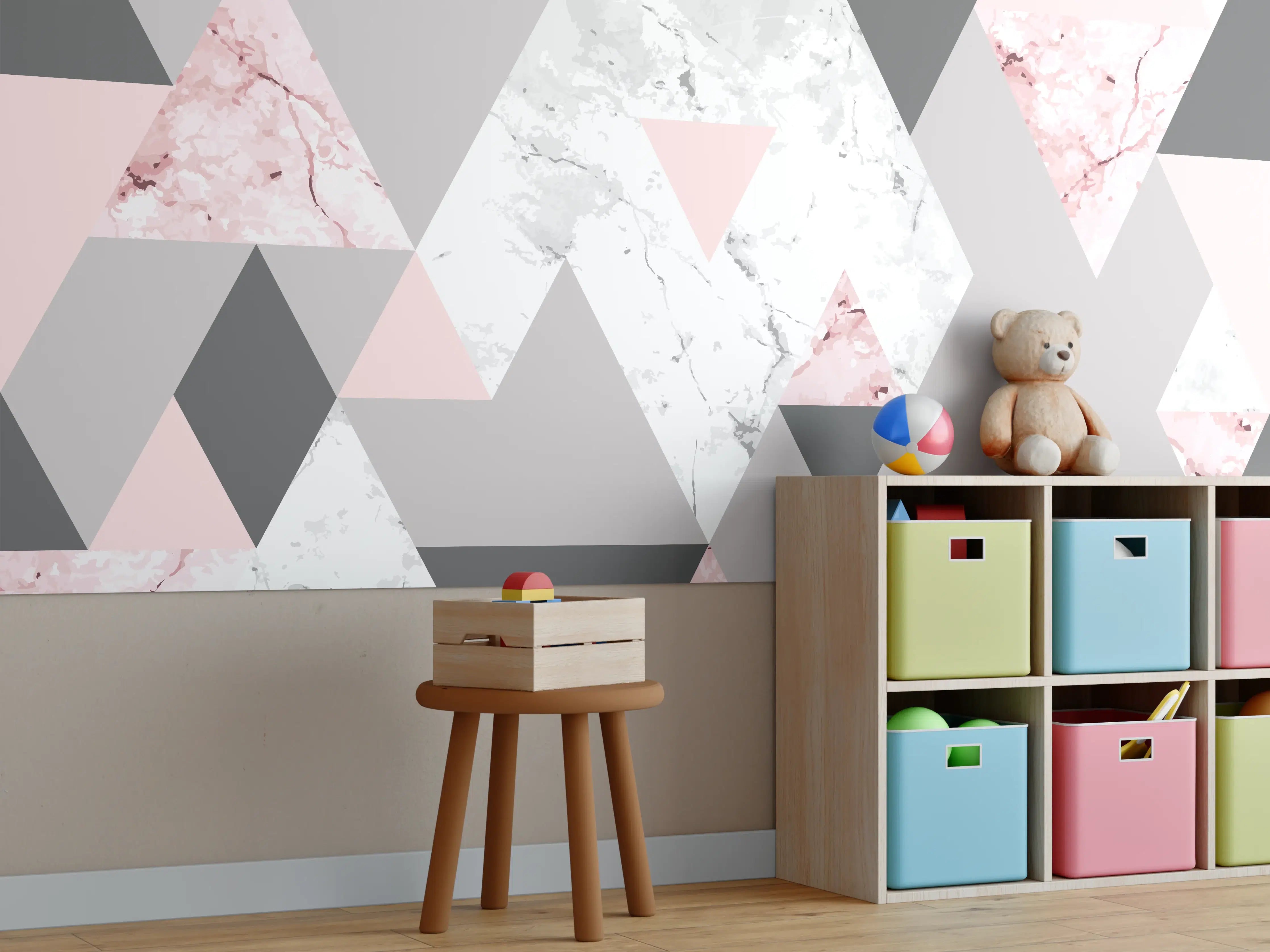 Kinderzimmer Wandgestaltung - Geometrisches Rosa-Grau-Muster
