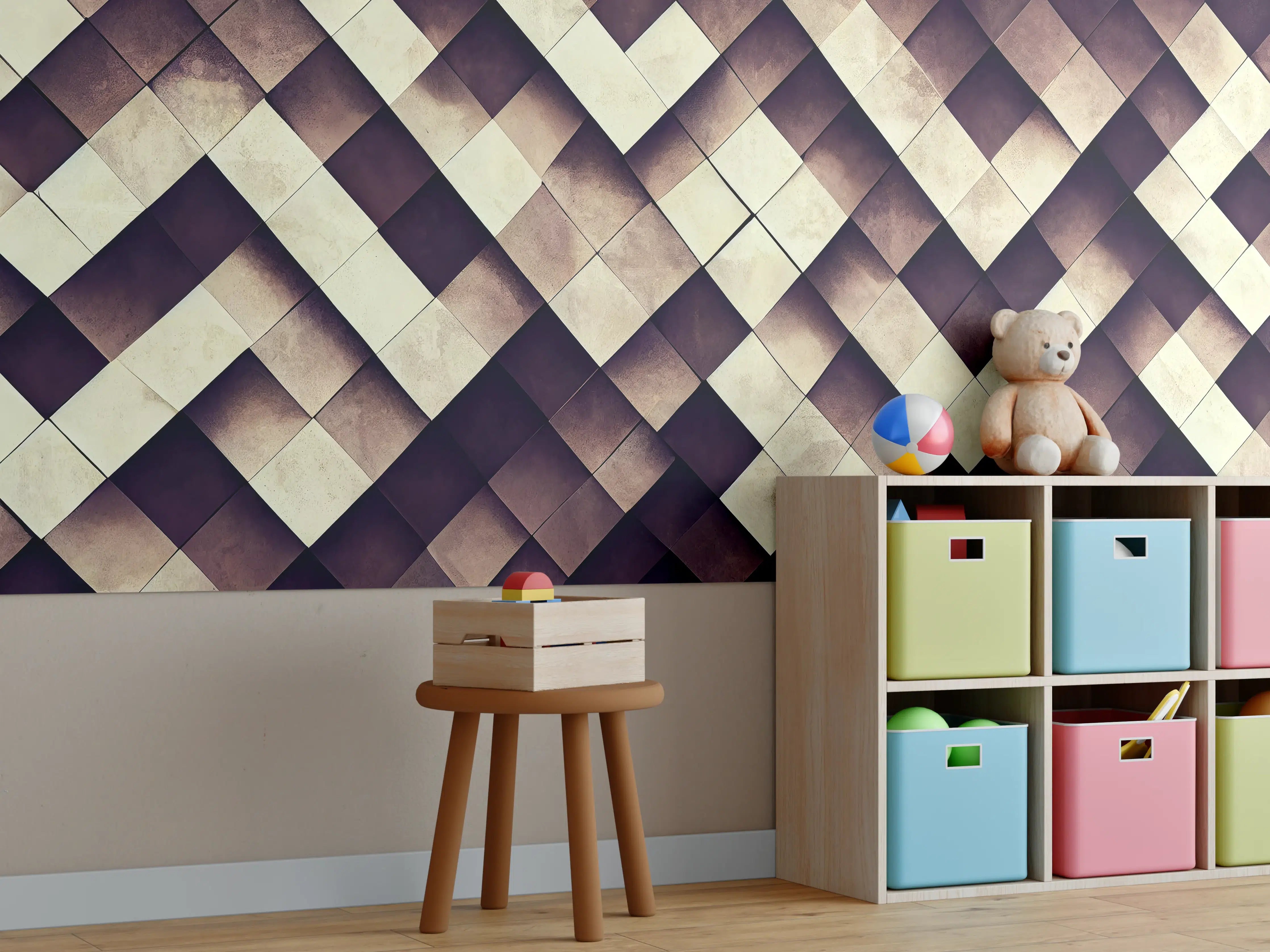 Kinderzimmer Wandgestaltung - Geometrisches Schachbrett-Muster Braun