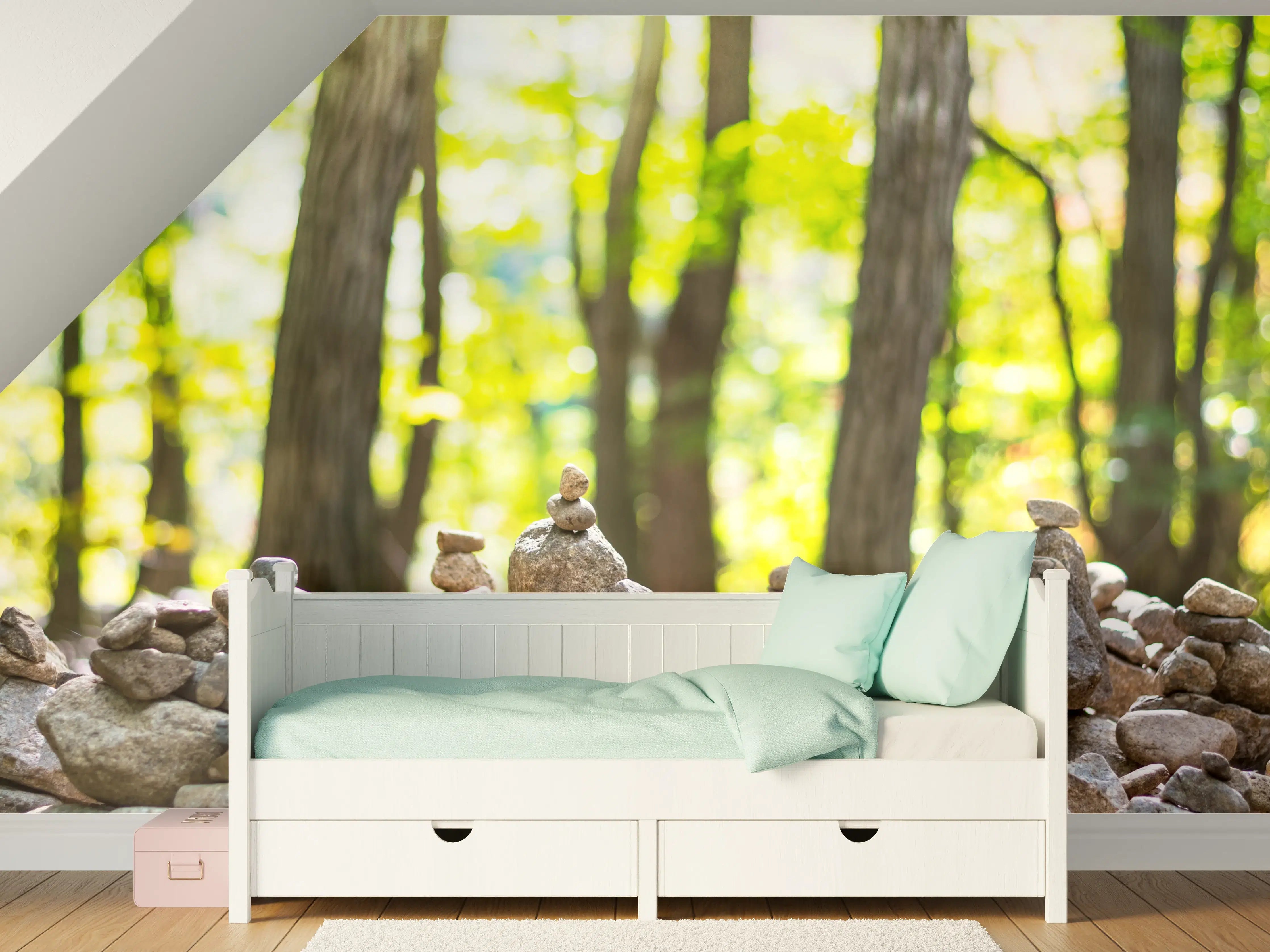 Kinderzimmer Wandgestaltung - Gestapelte Steine mit Waldhintergrund