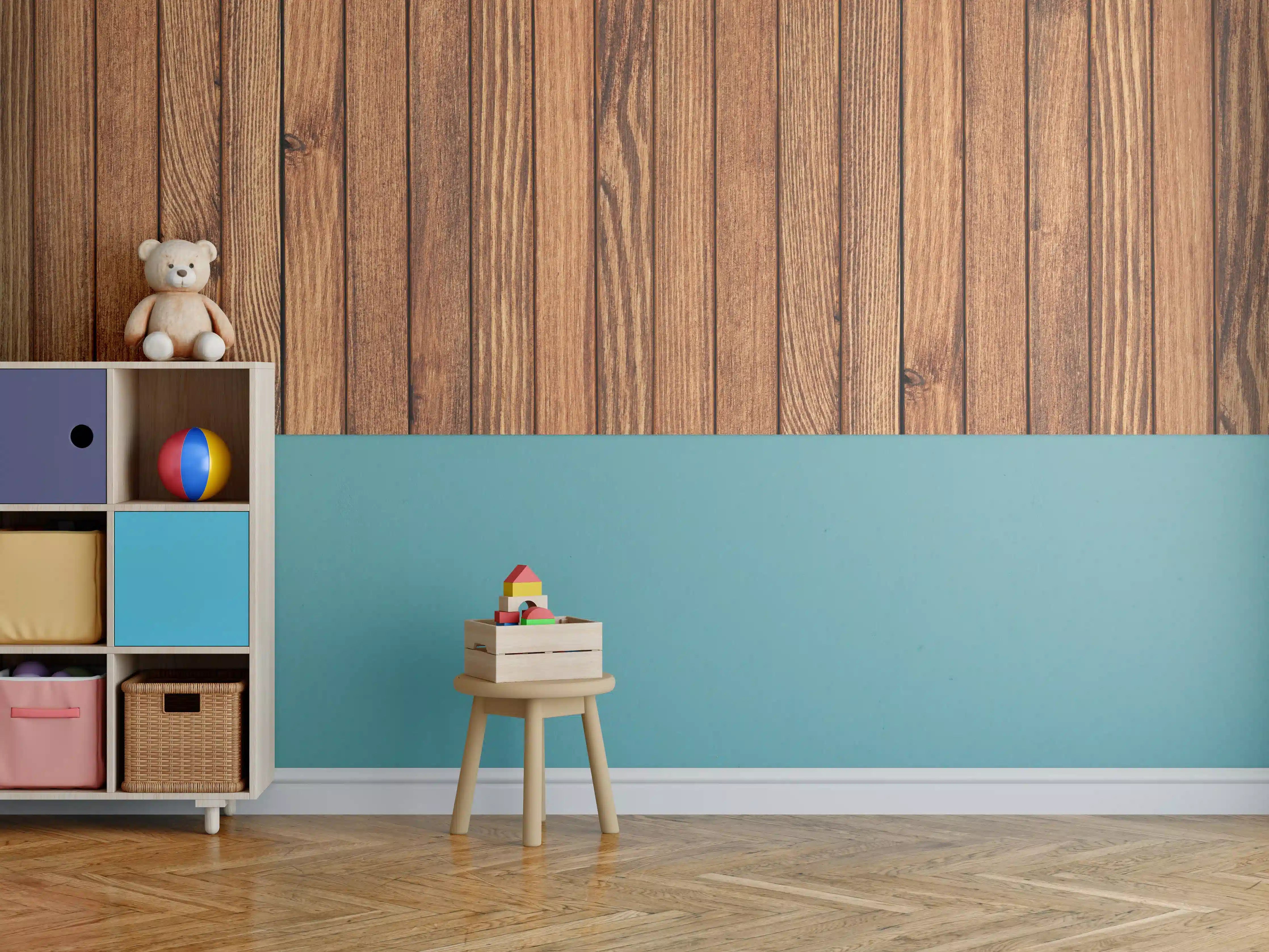 Kinderzimmer Wandgestaltung - Gestreifte natürliche Holzbretter