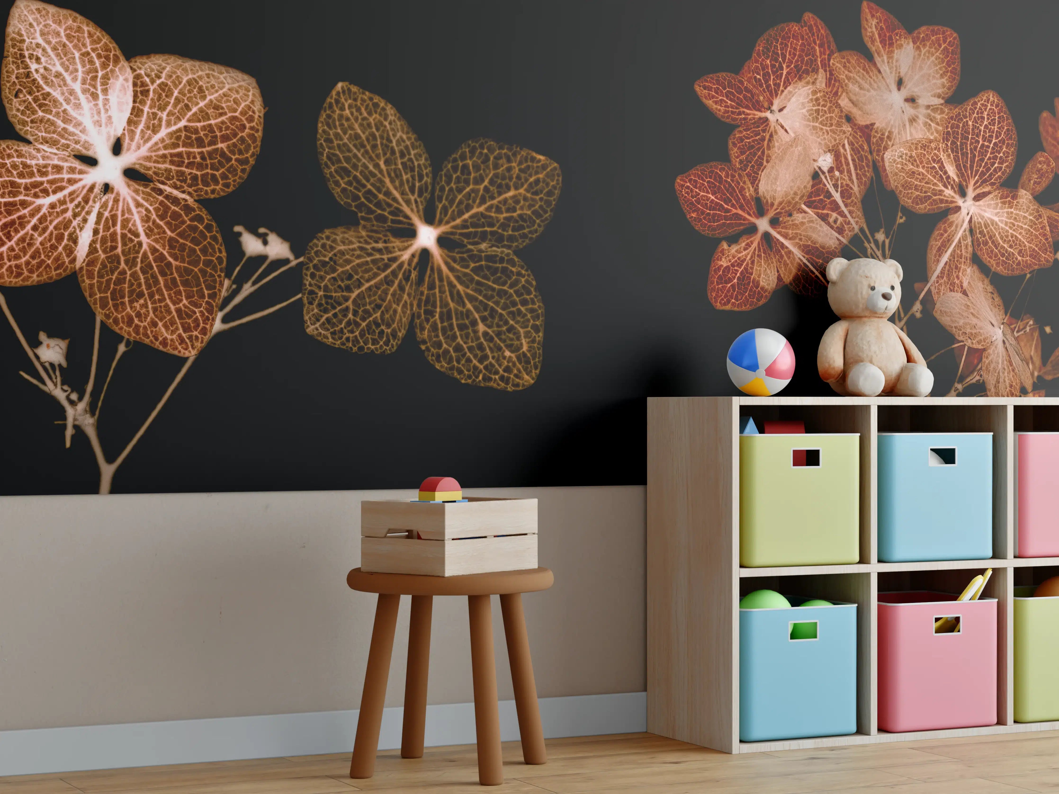 Kinderzimmer Wandgestaltung - Getrocknete Hortensien Detailaufnahme