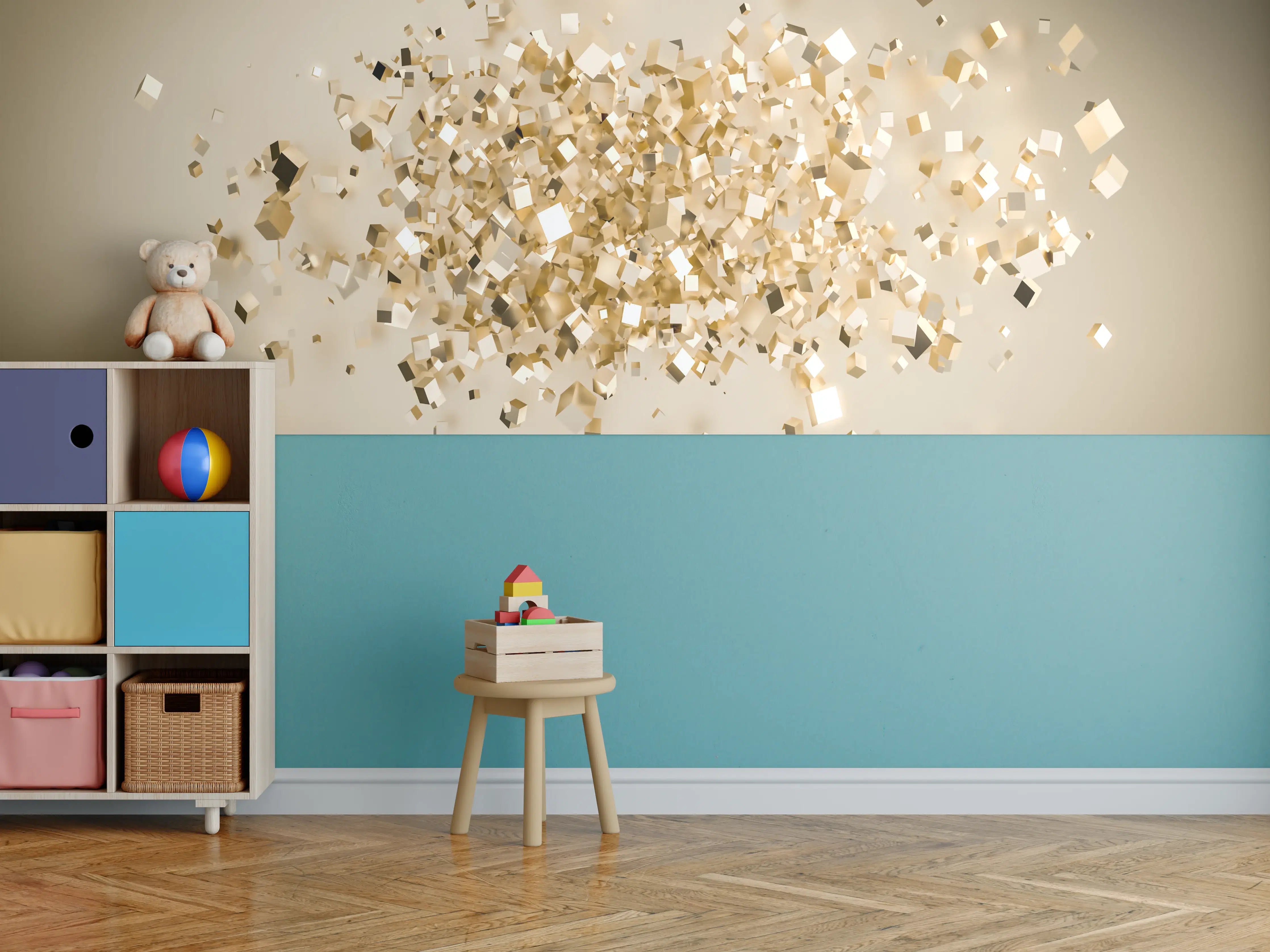 Kinderzimmer Wandgestaltung - Glänzende Goldwürfel 3D