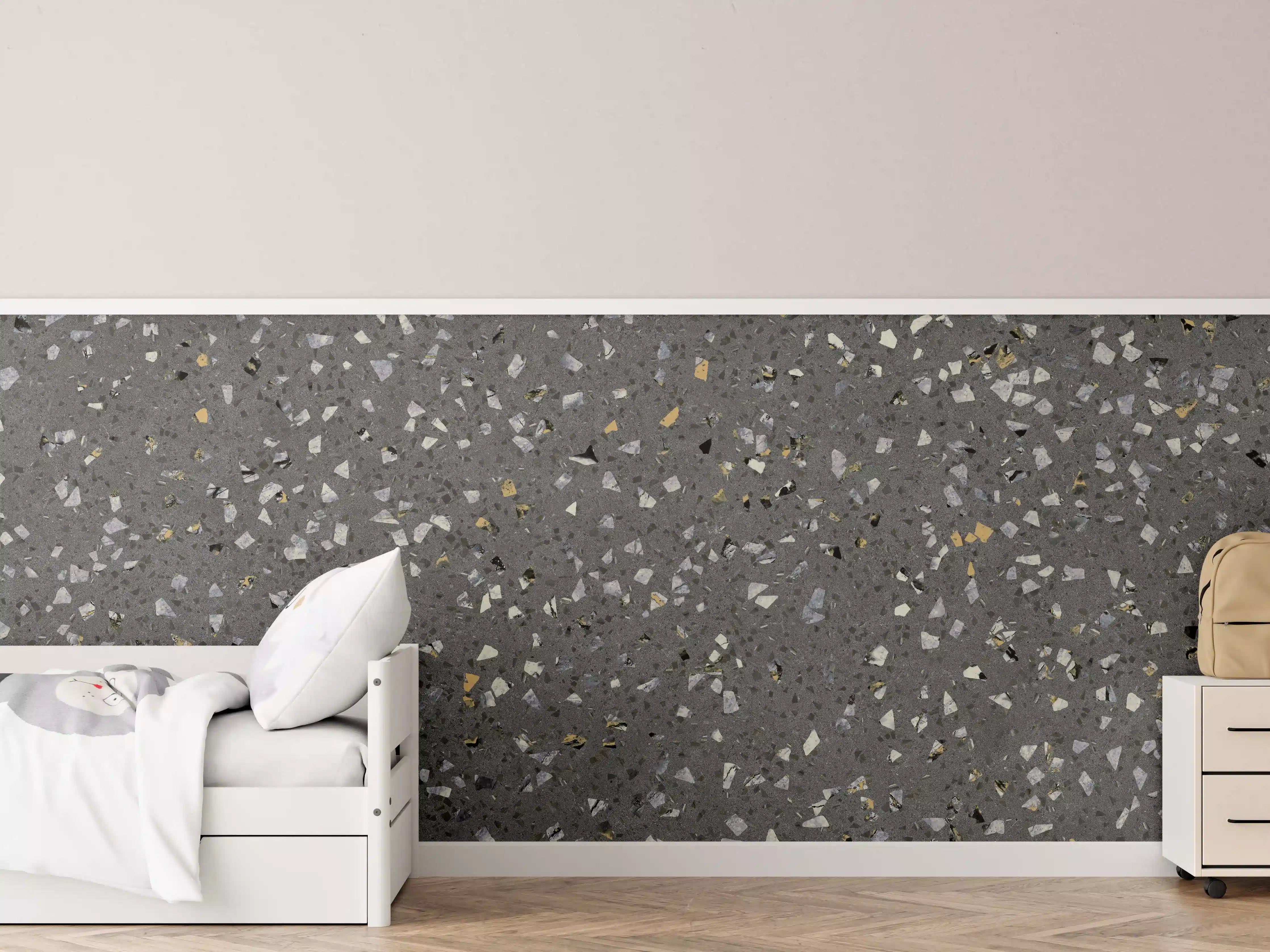 Kinderzimmer Wandgestaltung - Glatte graue Oberfläche mit bunten Chips