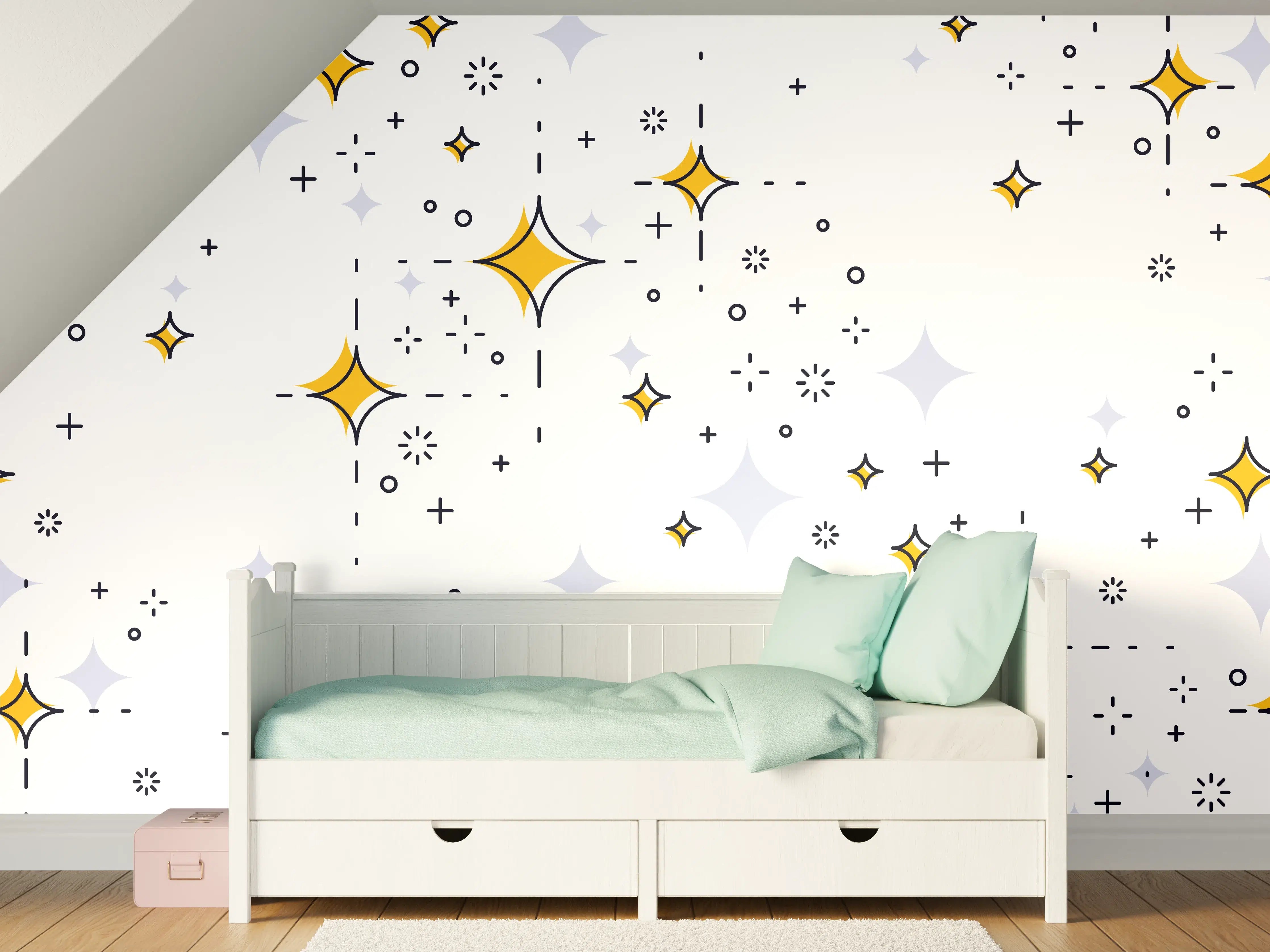 Kinderzimmer Wandgestaltung - Glitzernde Sternenmuster in Gold und Silber