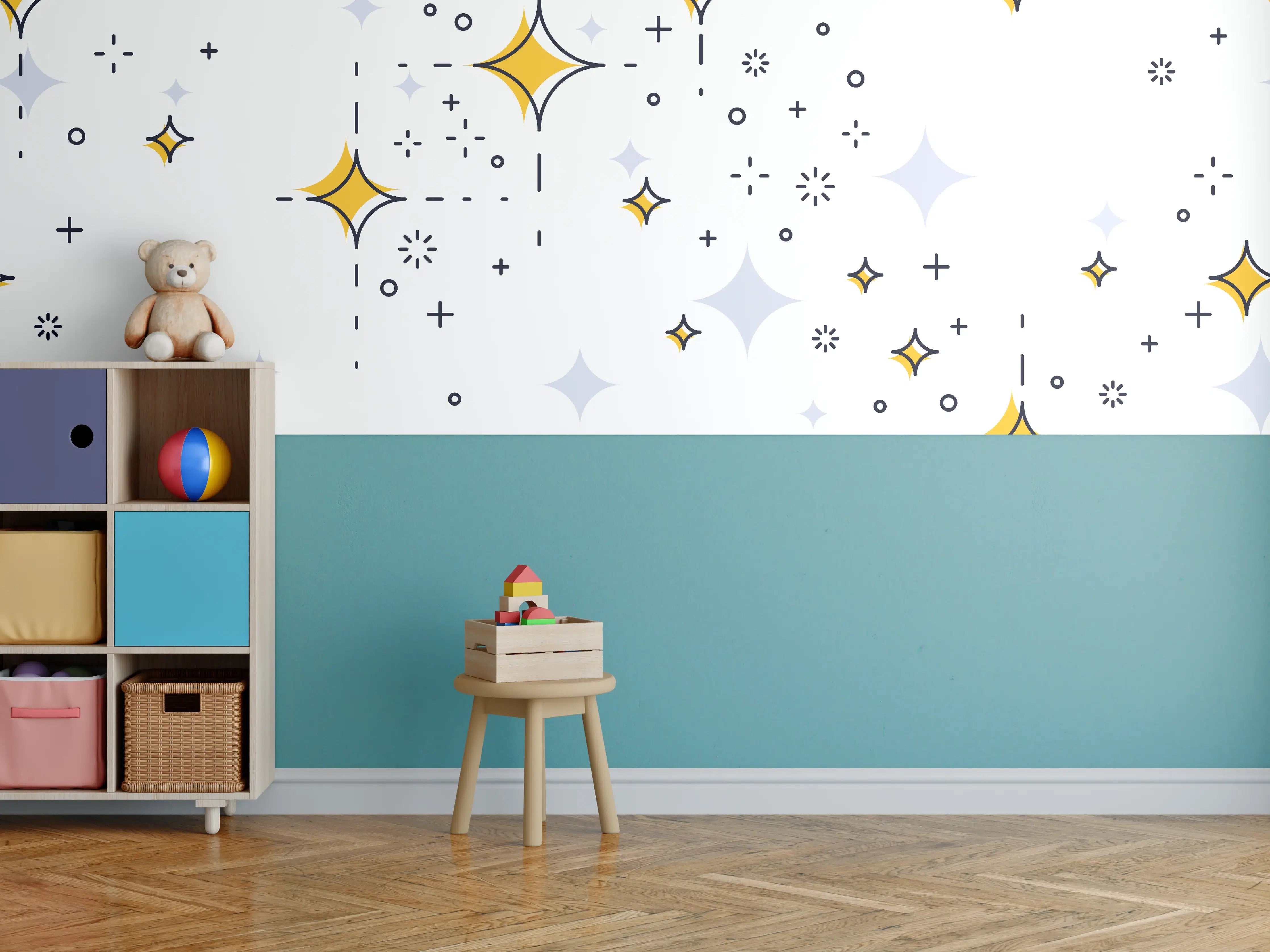 Kinderzimmer Wandgestaltung - Glitzernde Sternenmuster in Gold und Silber