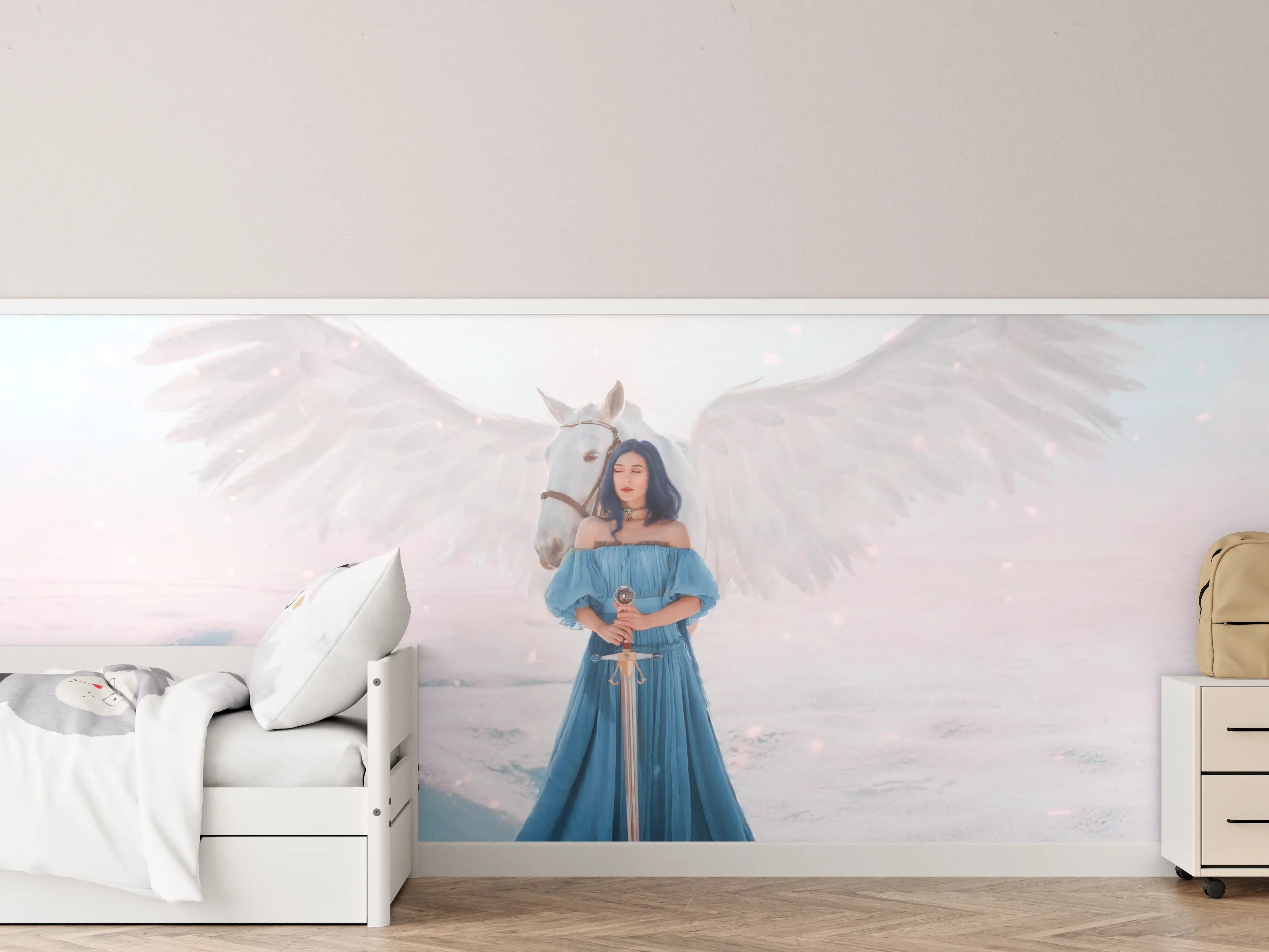 Kinderzimmer Wandgestaltung - Göttin des Friedens & Gerechtigkeit mit weißem Pegasus