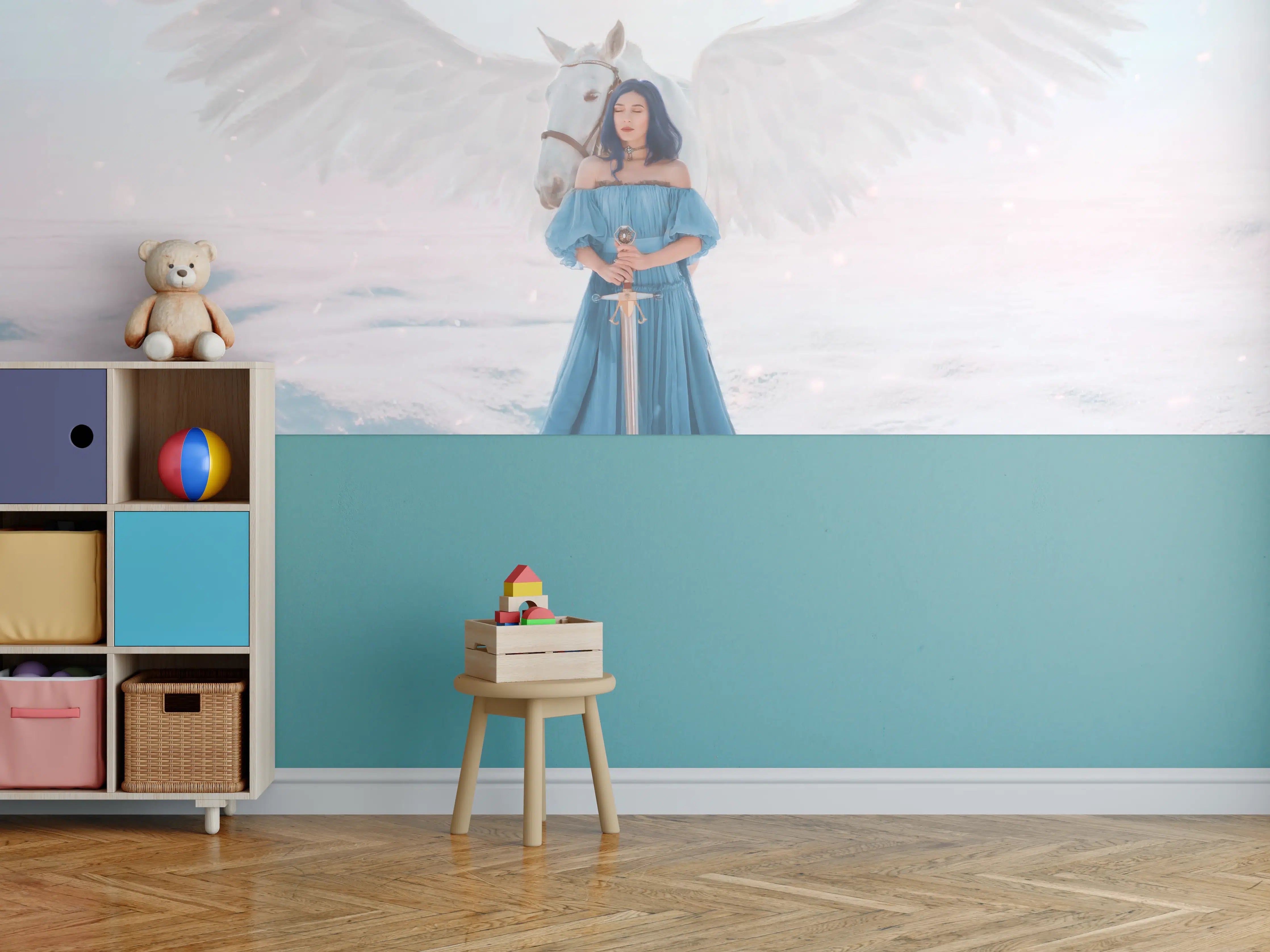 Kinderzimmer Wandgestaltung - Göttin des Friedens & Gerechtigkeit mit weißem Pegasus