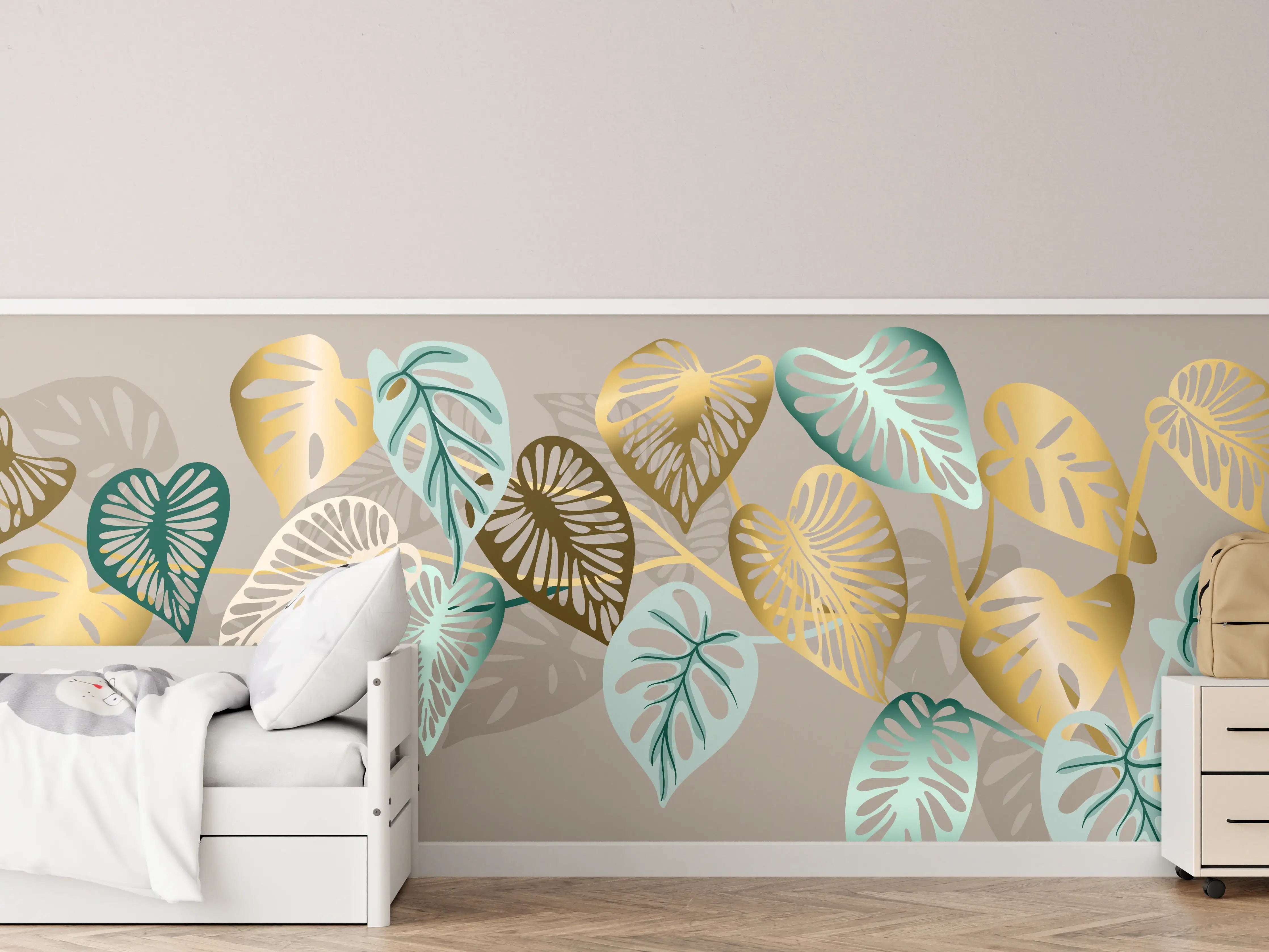 Kinderzimmer Wandgestaltung - Gold-Beige Blätter-Muster-Dekor