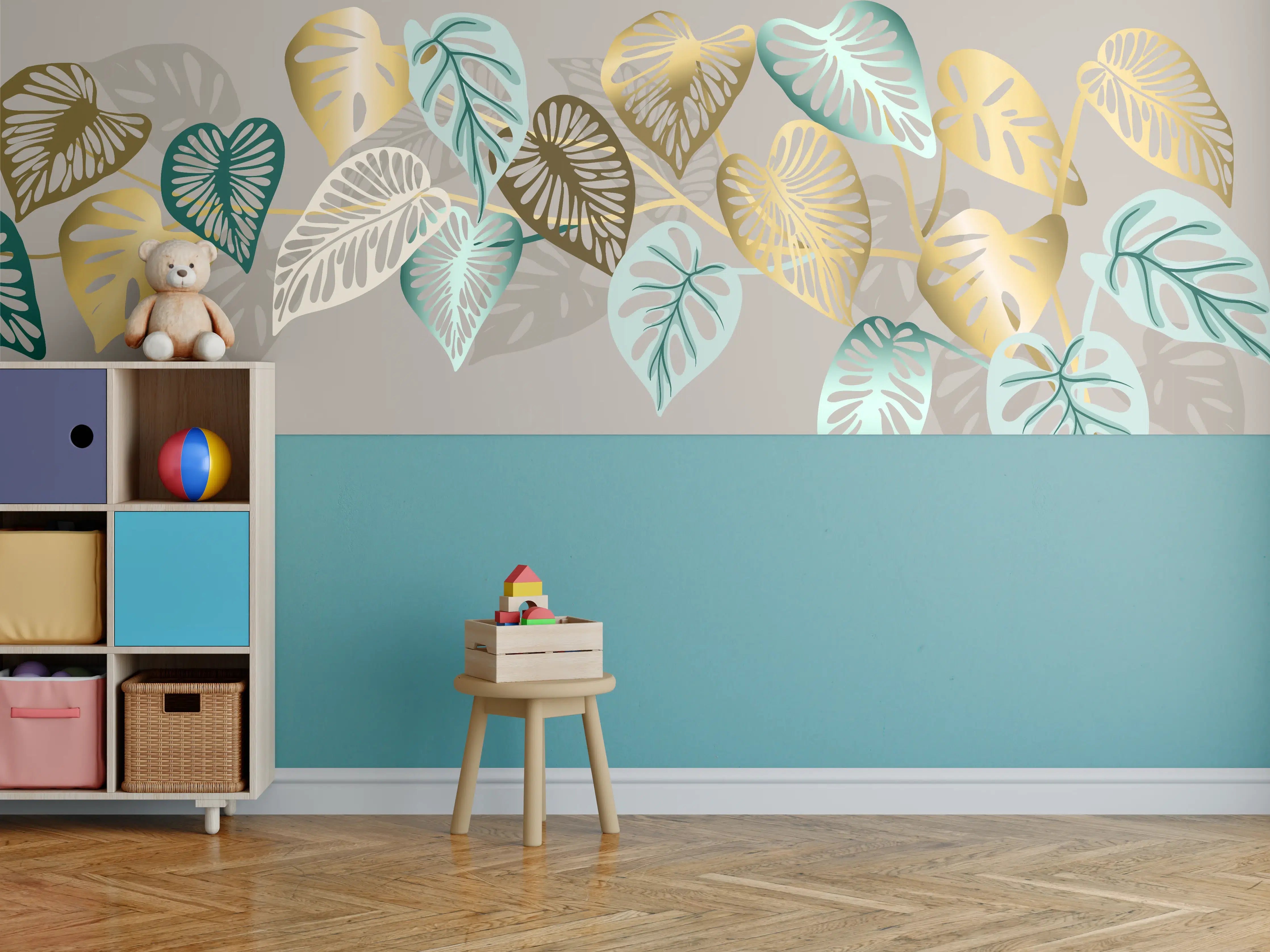 Kinderzimmer Wandgestaltung - Gold-Beige Blätter-Muster-Dekor