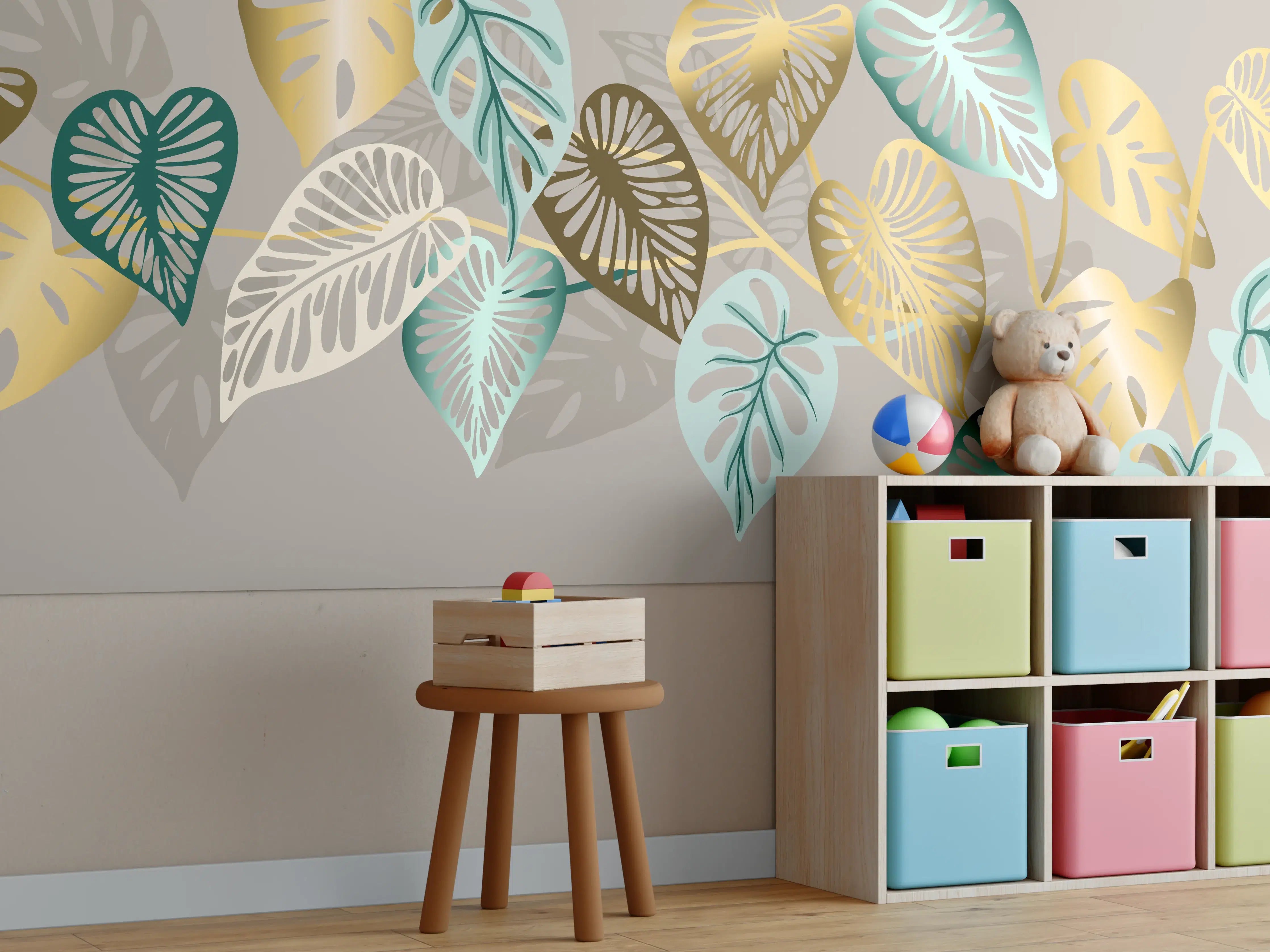 Kinderzimmer Wandgestaltung - Gold-Beige Blätter-Muster-Dekor