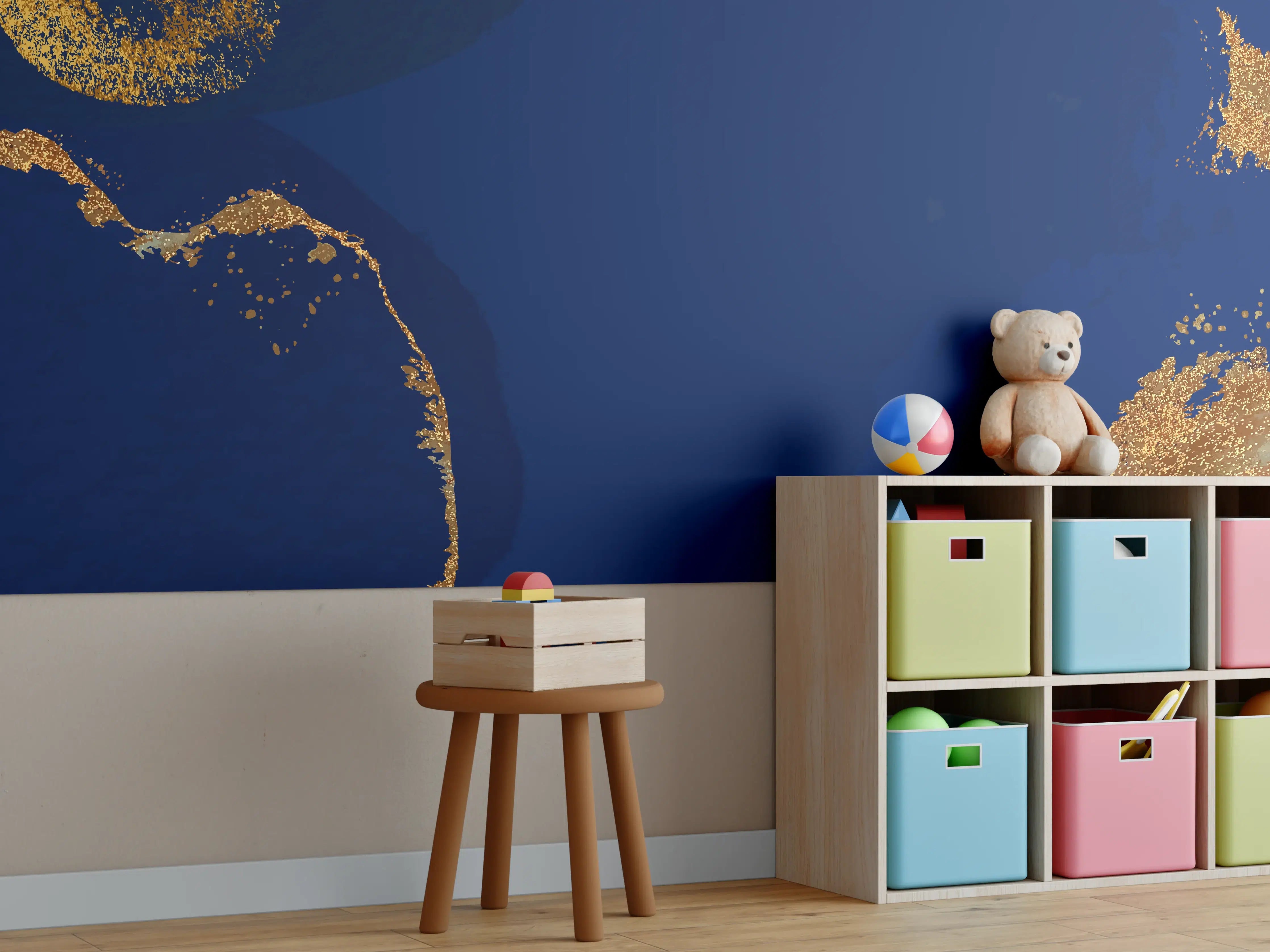 Kinderzimmer Wandgestaltung - Gold-Blauer Abstrakter Entwurf