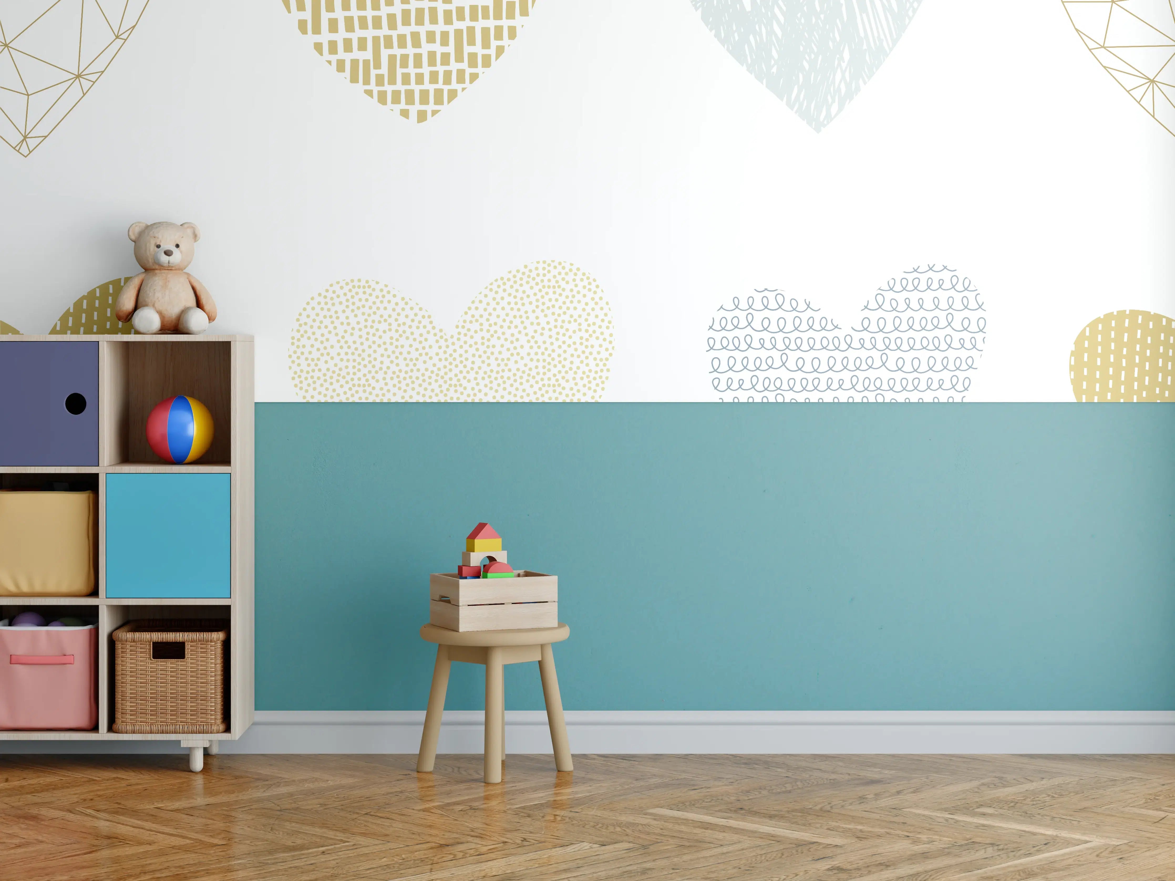 Kinderzimmer Wandgestaltung - Gold-Grau Herz-Muster Design