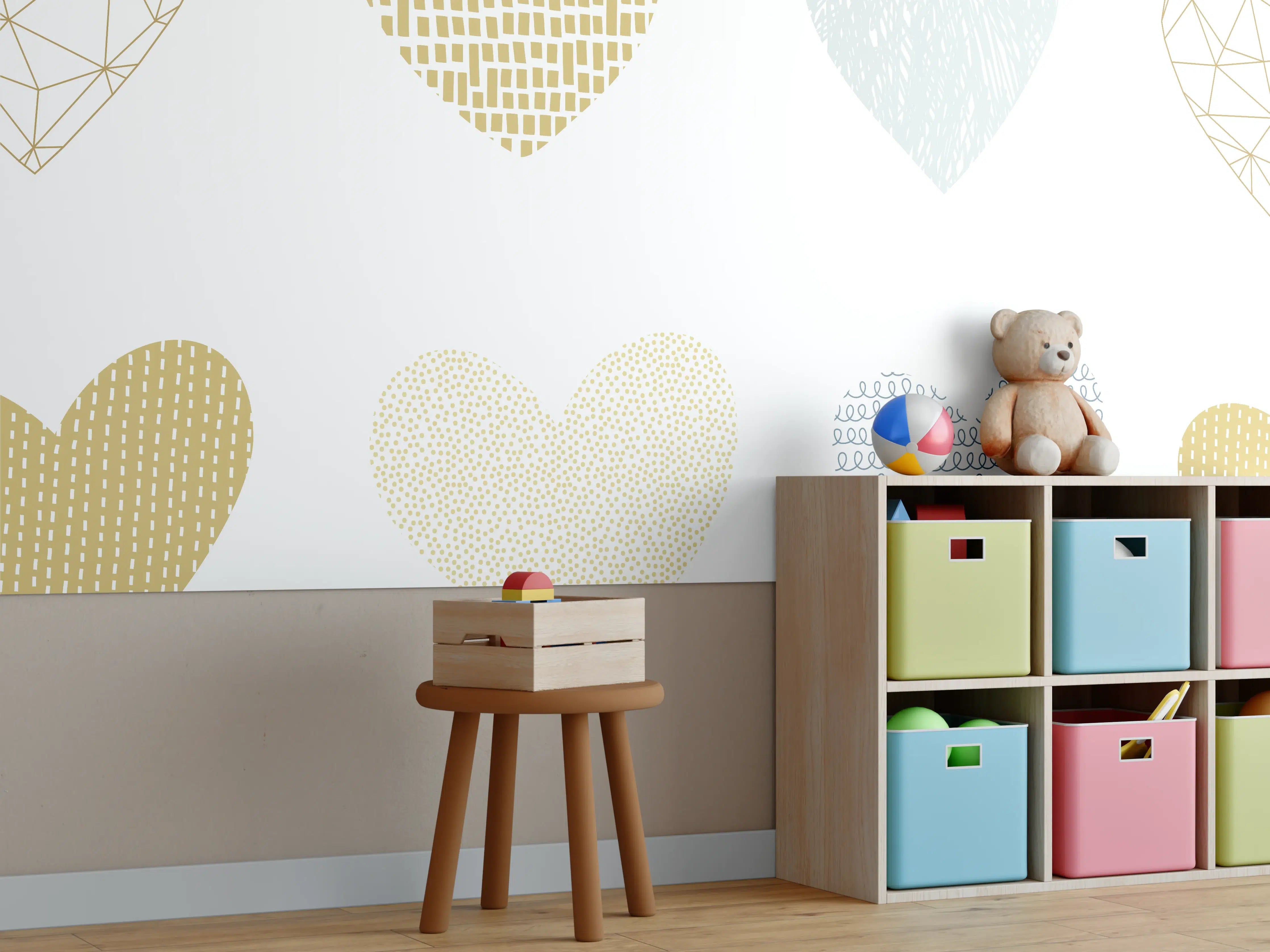 Kinderzimmer Wandgestaltung - Gold-Grau Herz-Muster Design