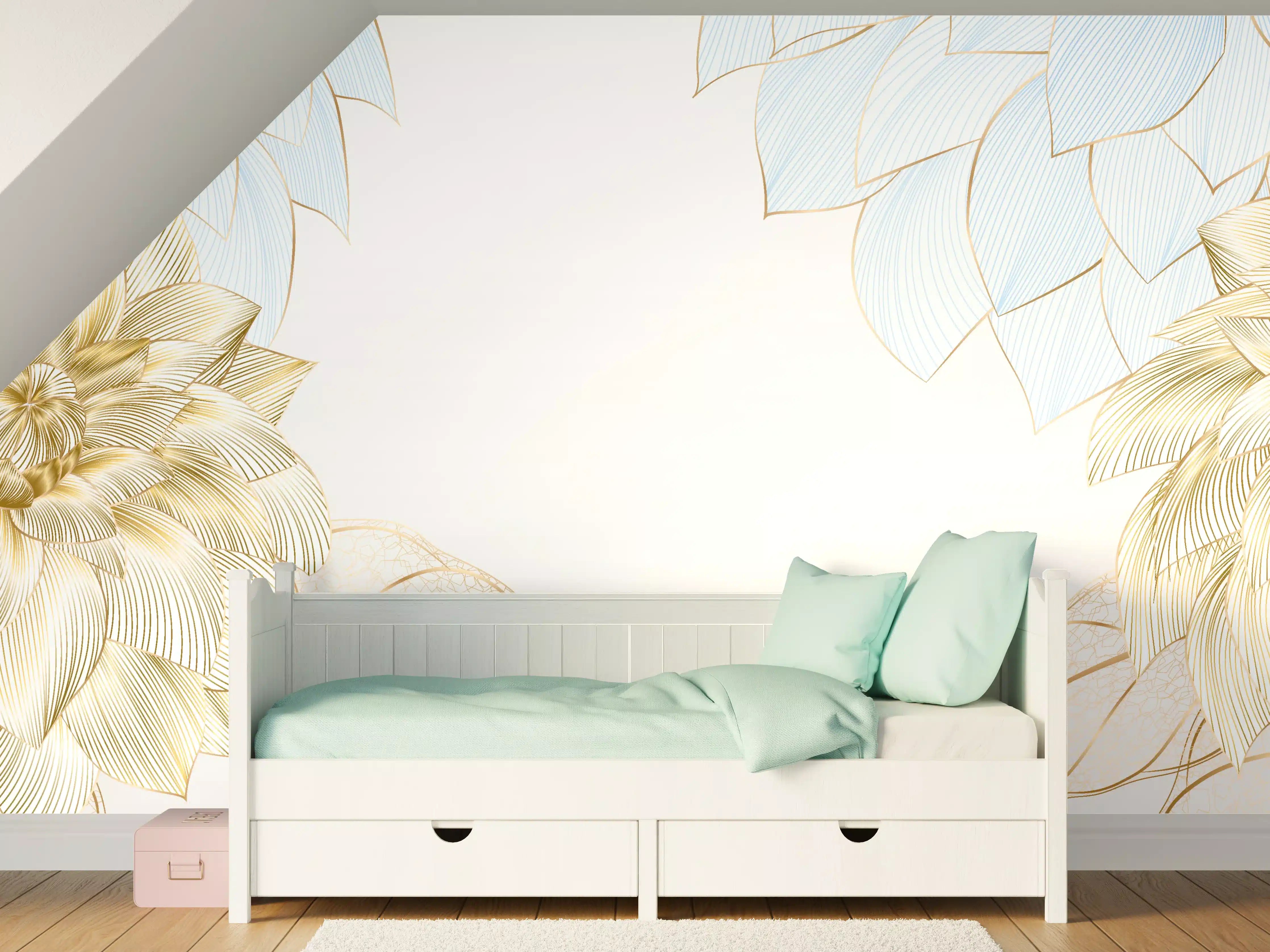 Kinderzimmer Wandgestaltung - Gold-Weiß Floral Design