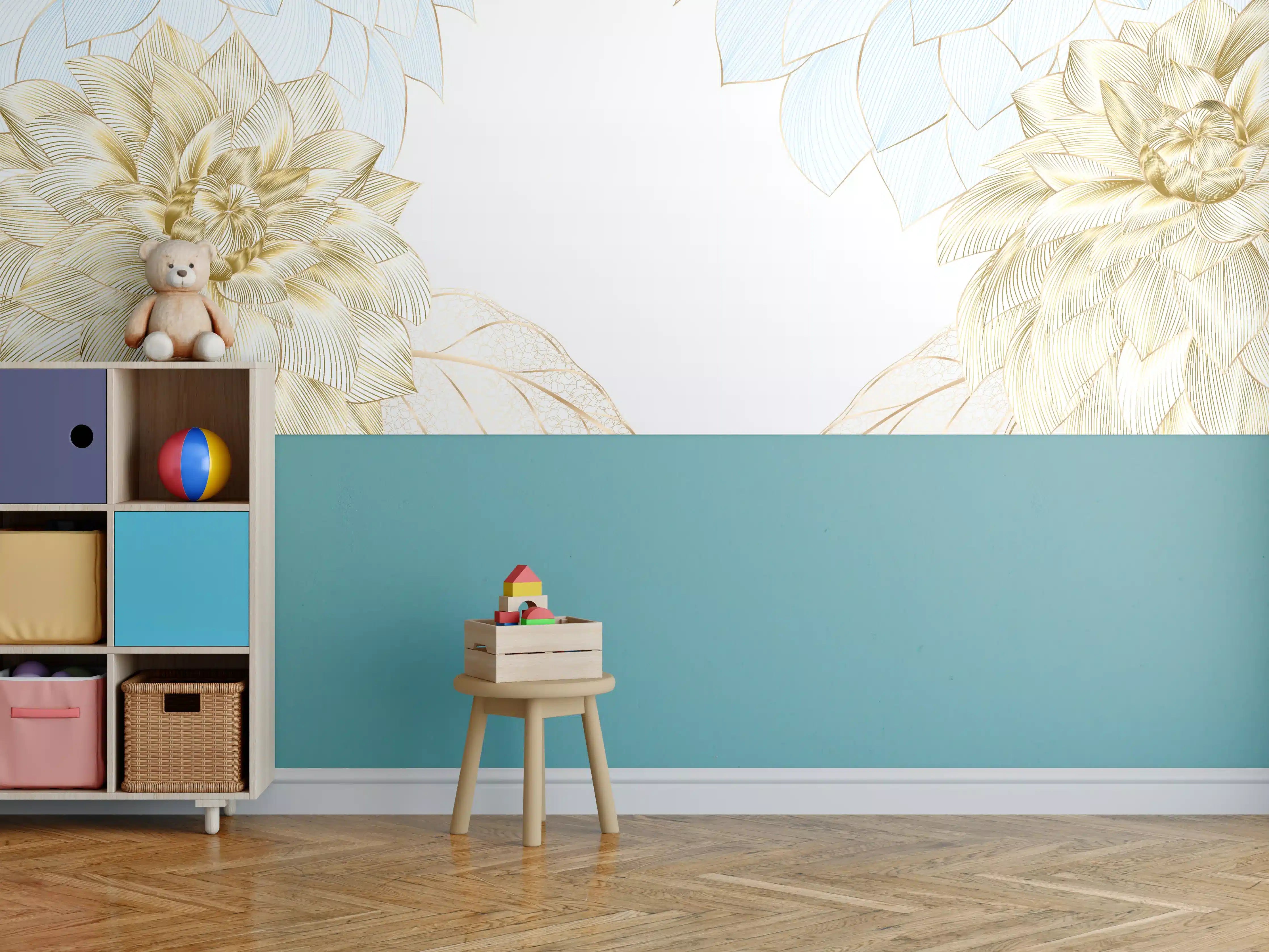 Kinderzimmer Wandgestaltung - Gold-Weiß Floral Design