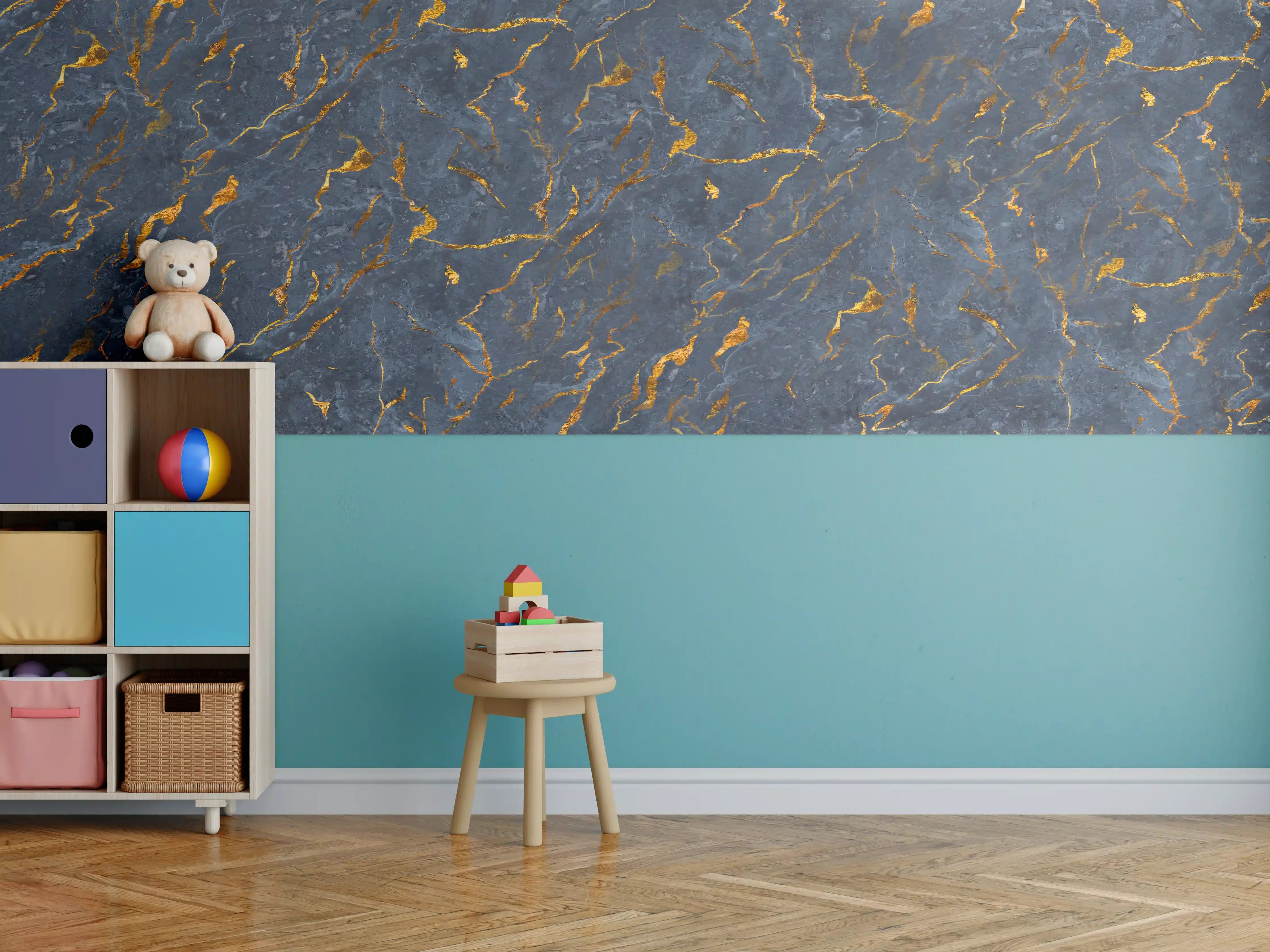 Kinderzimmer Wandgestaltung - Goldene Adern auf dunklem Marmor