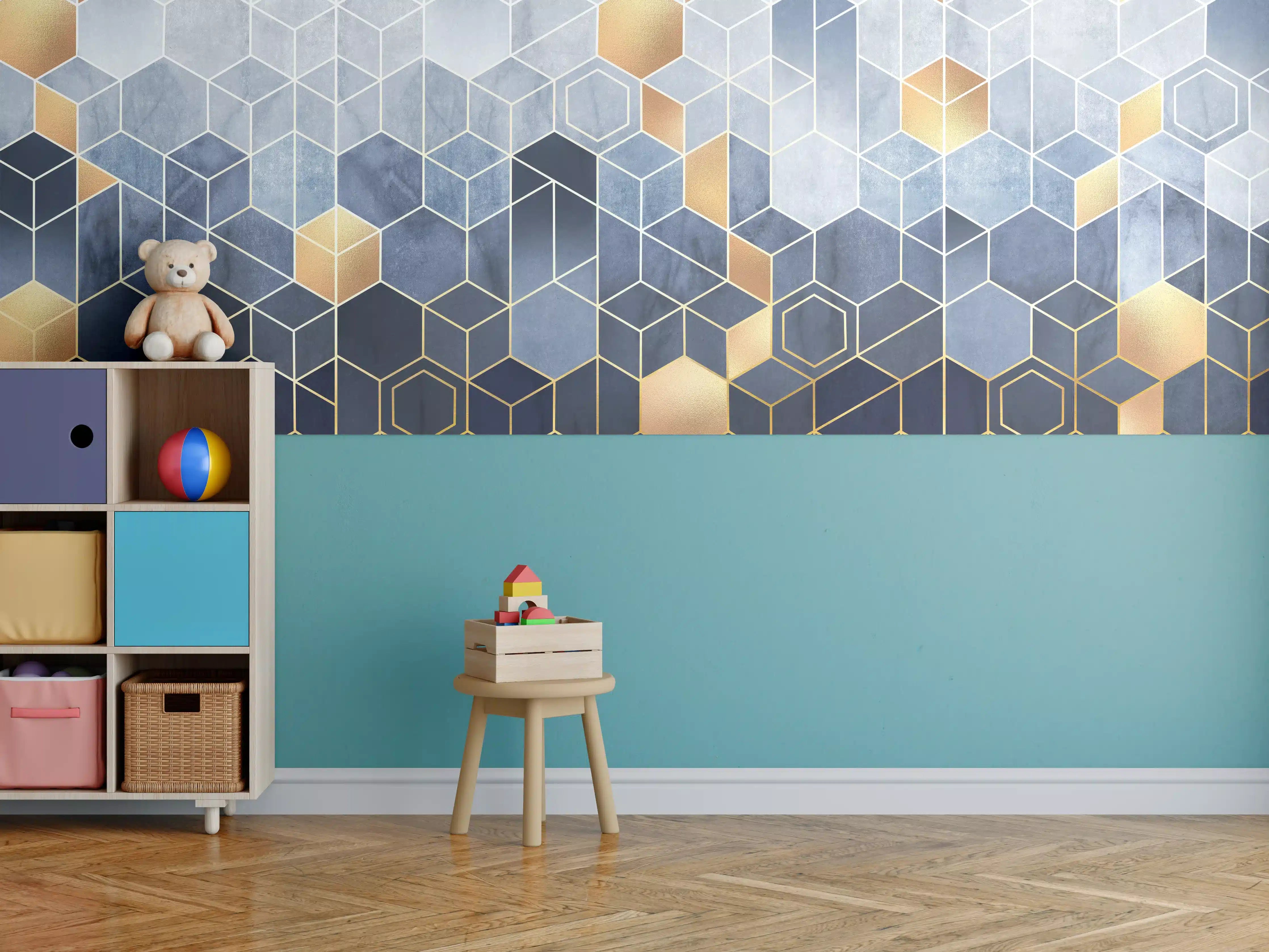 Kinderzimmer Wandgestaltung - Goldene Akzente auf geometrischem Hintergrund