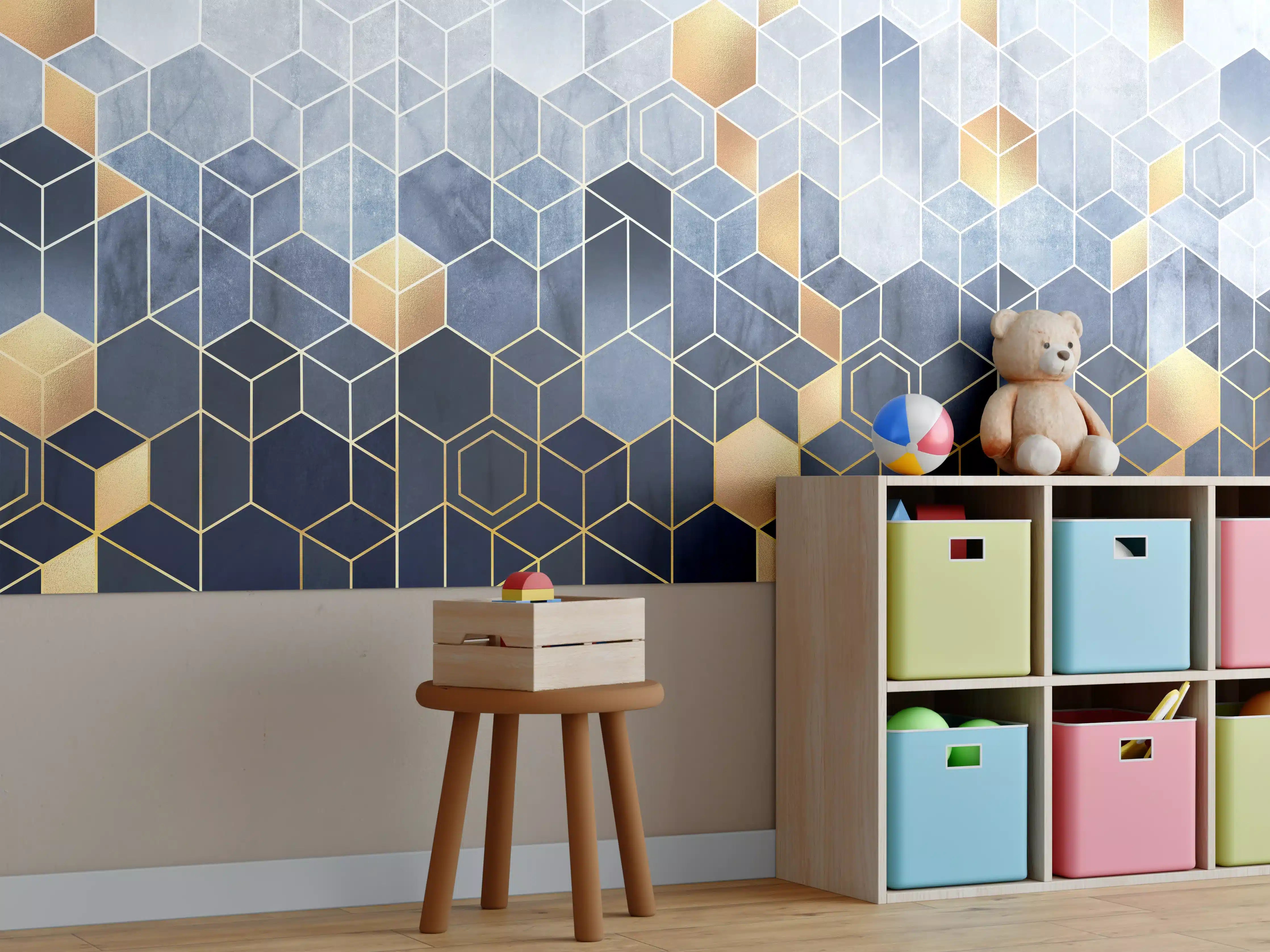Kinderzimmer Wandgestaltung - Goldene Akzente auf geometrischem Hintergrund