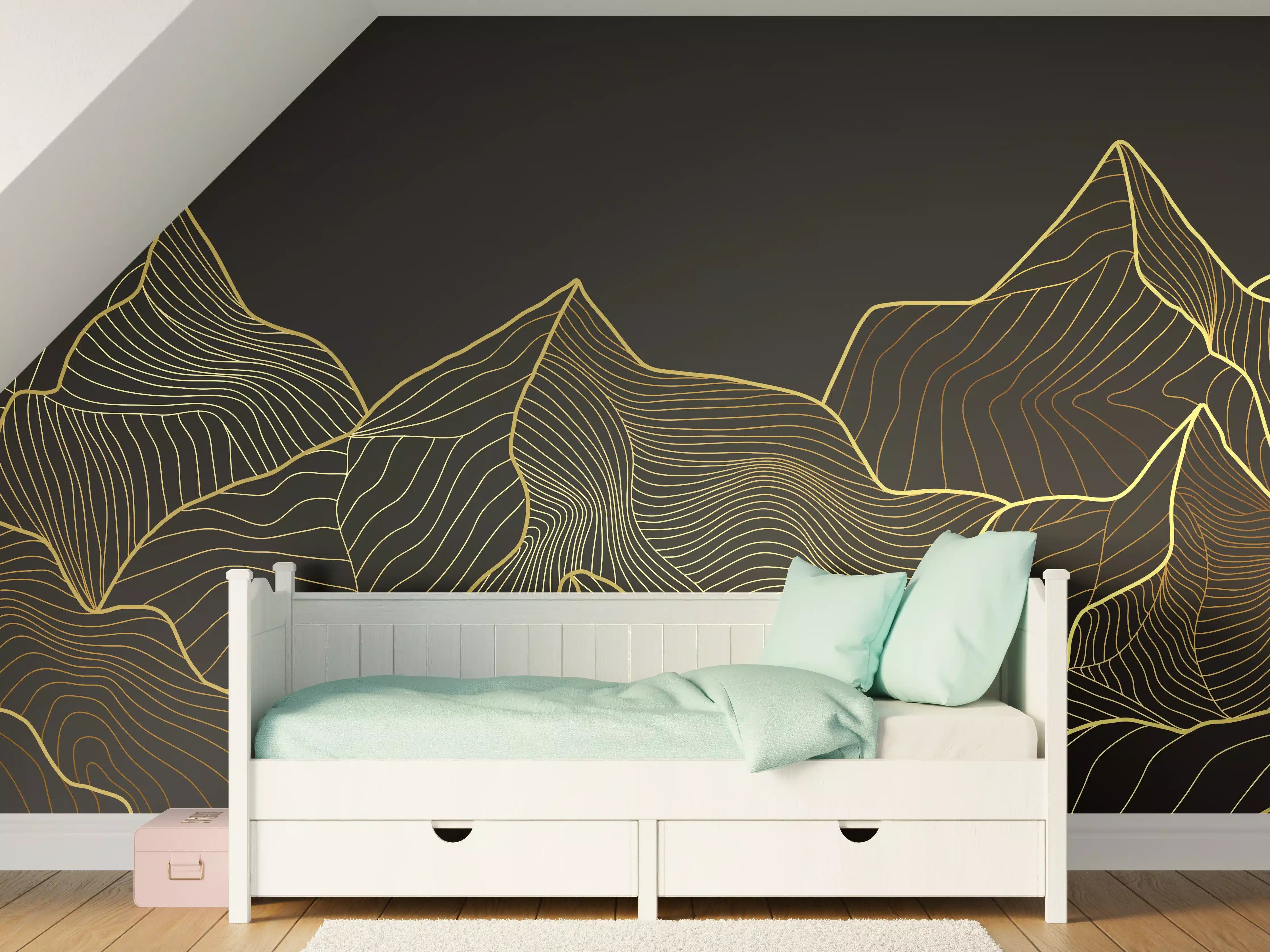 Kinderzimmer Wandgestaltung - Goldene Berglinien auf Schwarz